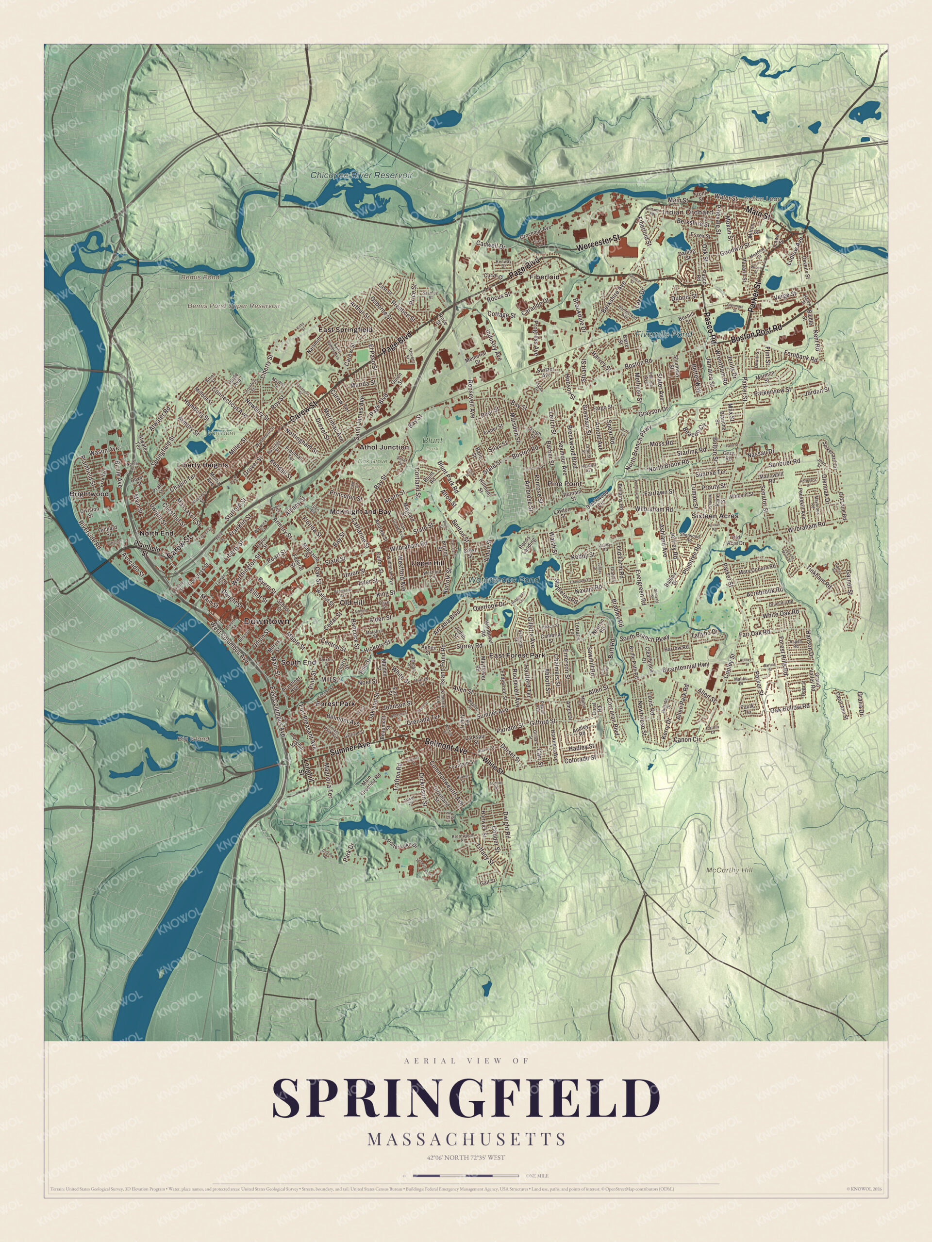 Map of Springfield, Massachusetts, with Main Street, Watershops Pond and Indian Orchard