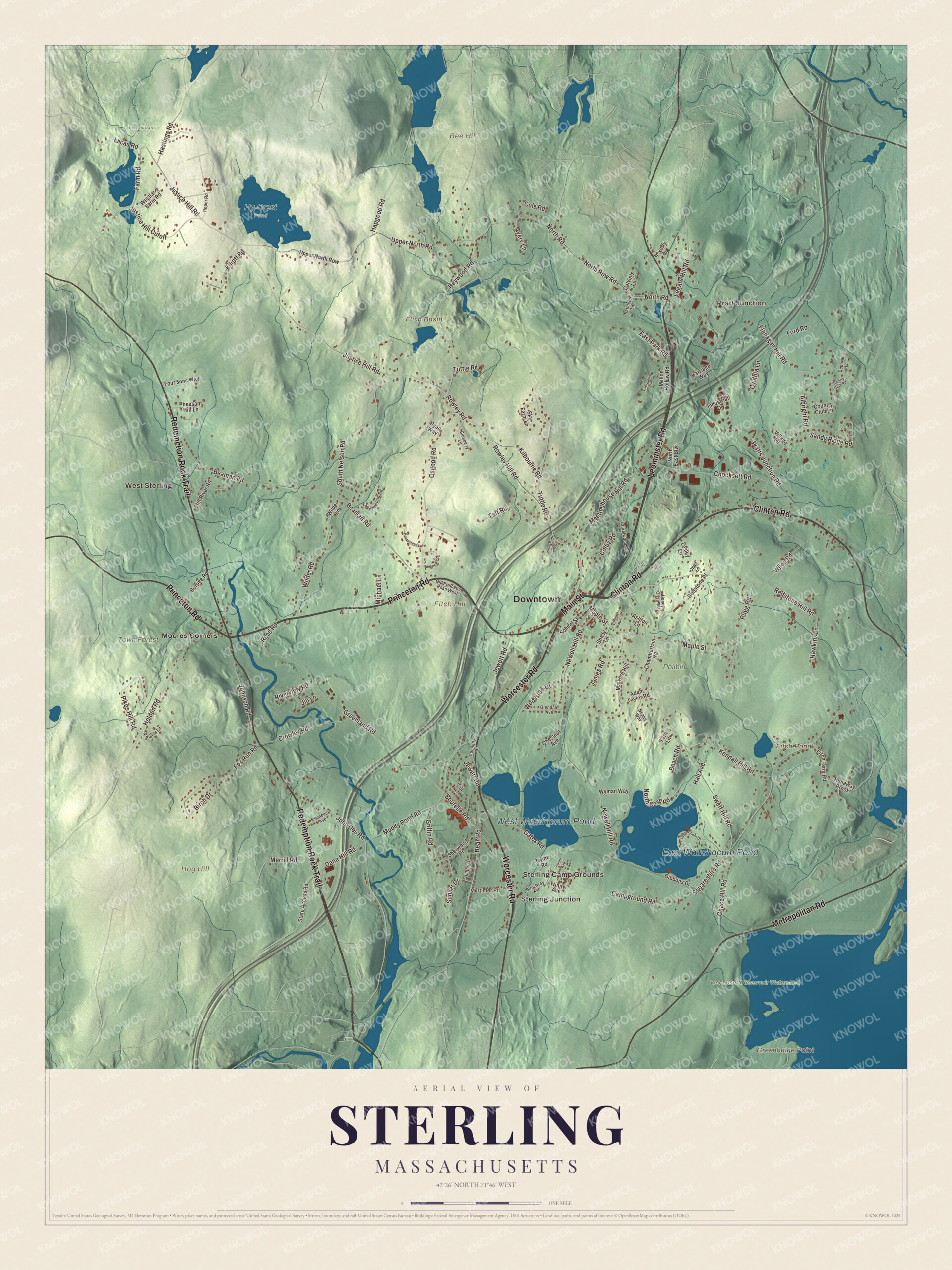 Map of Sterling, Massachusetts, with Main Street, East Waushacum Pond and the Wachusett Reservoir