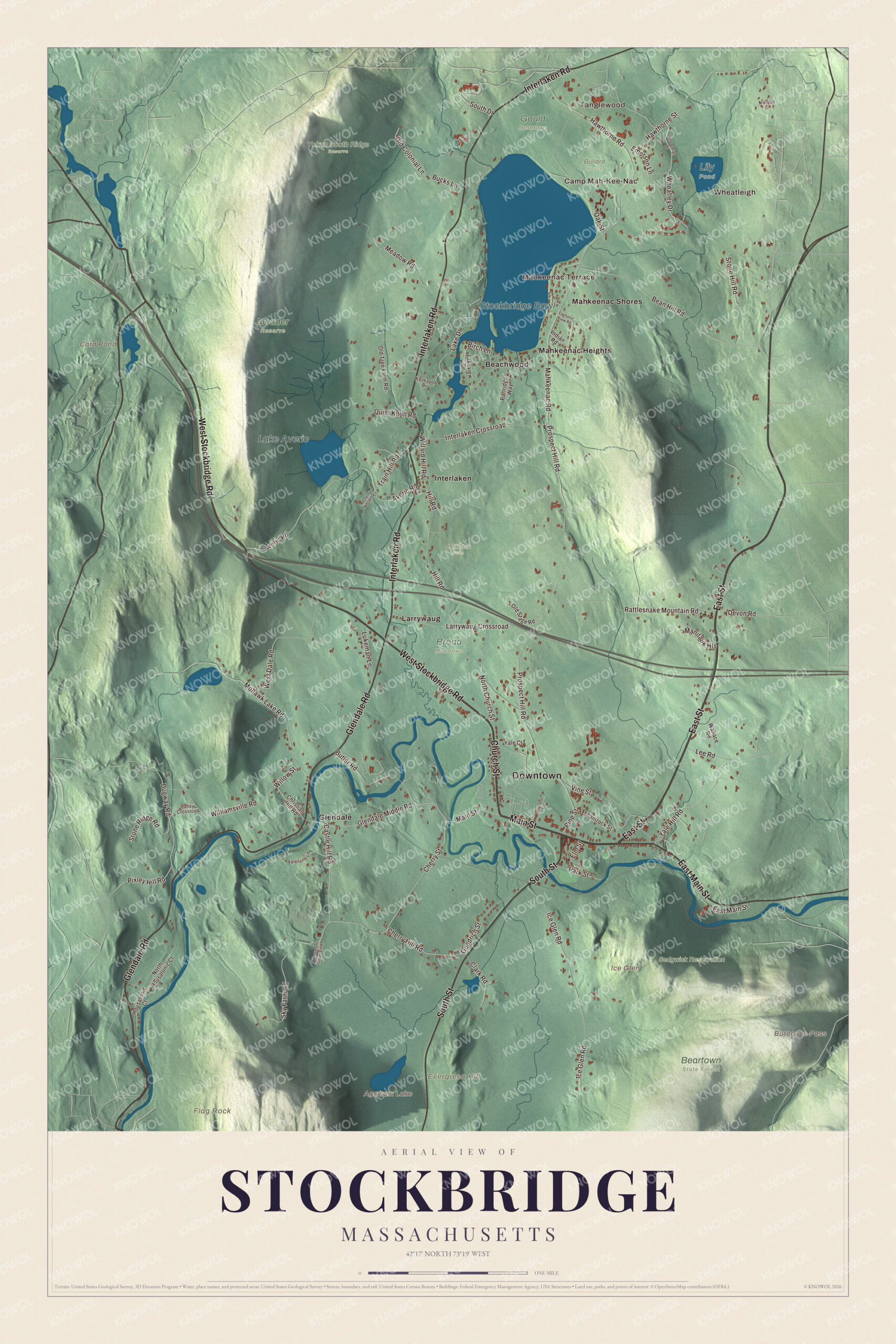 Map of Stockbridge, Massachusetts, with Main Street, Tanglewood and Ice Glen