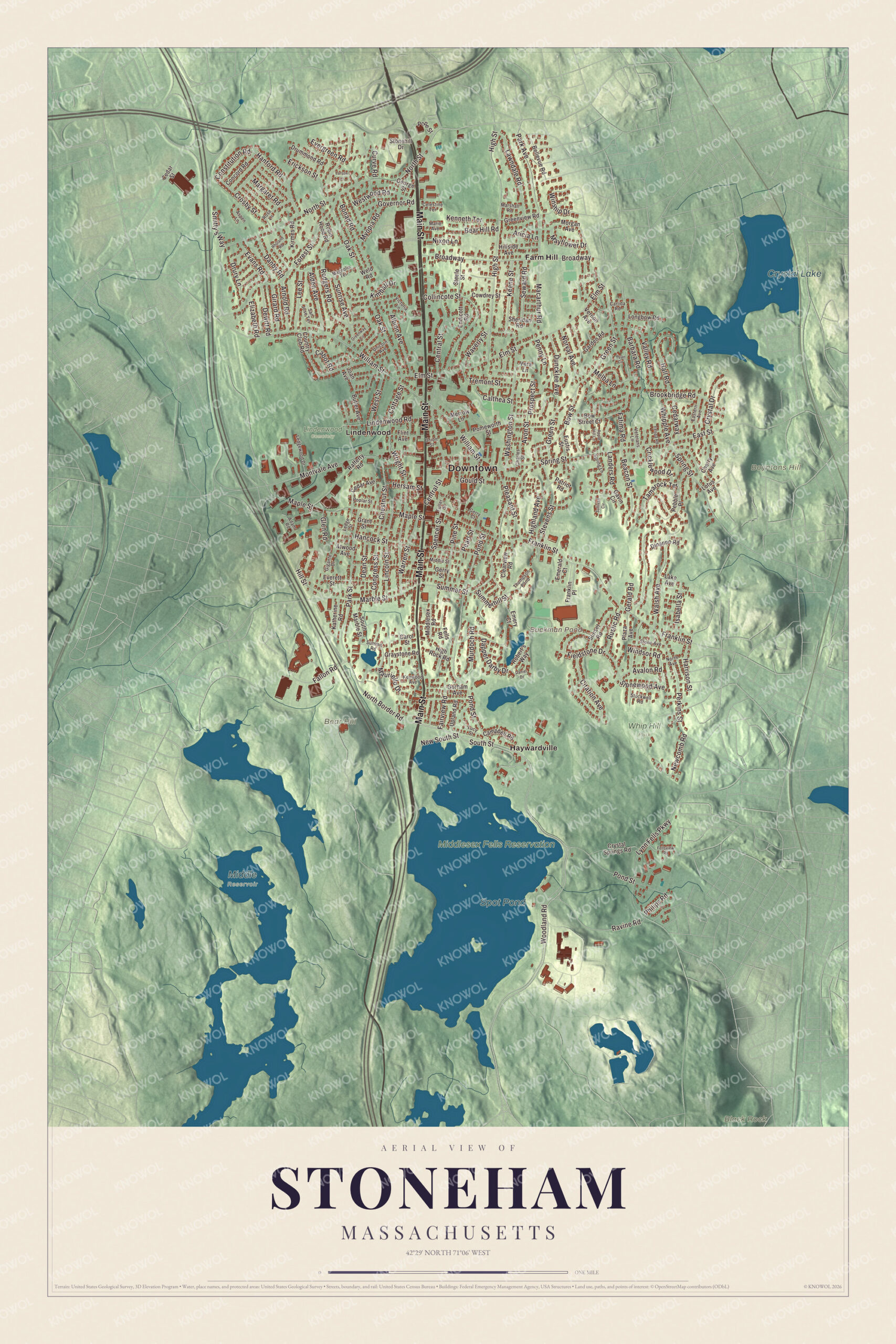 Map of Stoneham, Massachusetts, with Main Street, Spot Pond and Bear Hill