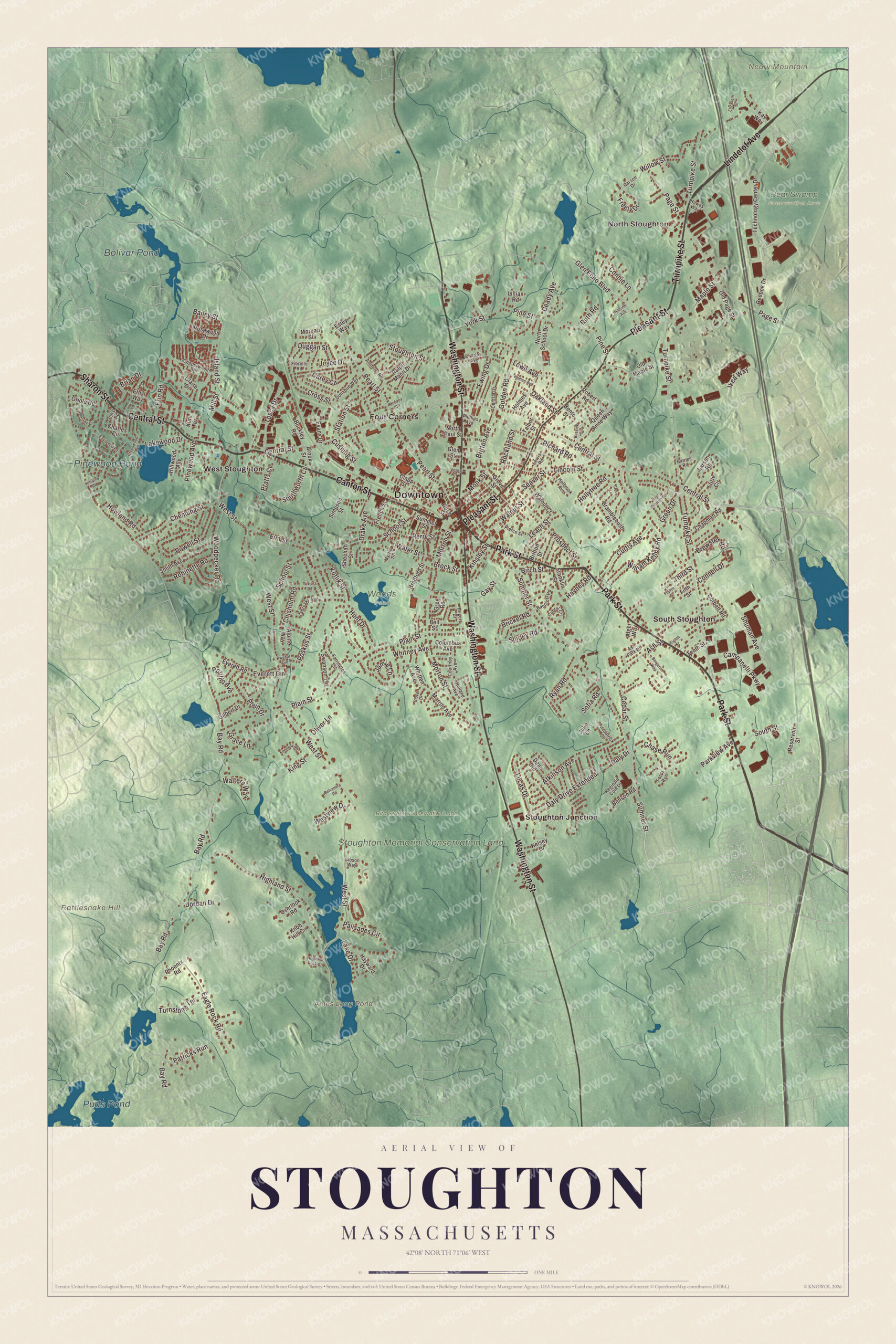 Map of Stoughton, Massachusetts, with Washington Street, Park Street and Ames Long Pond