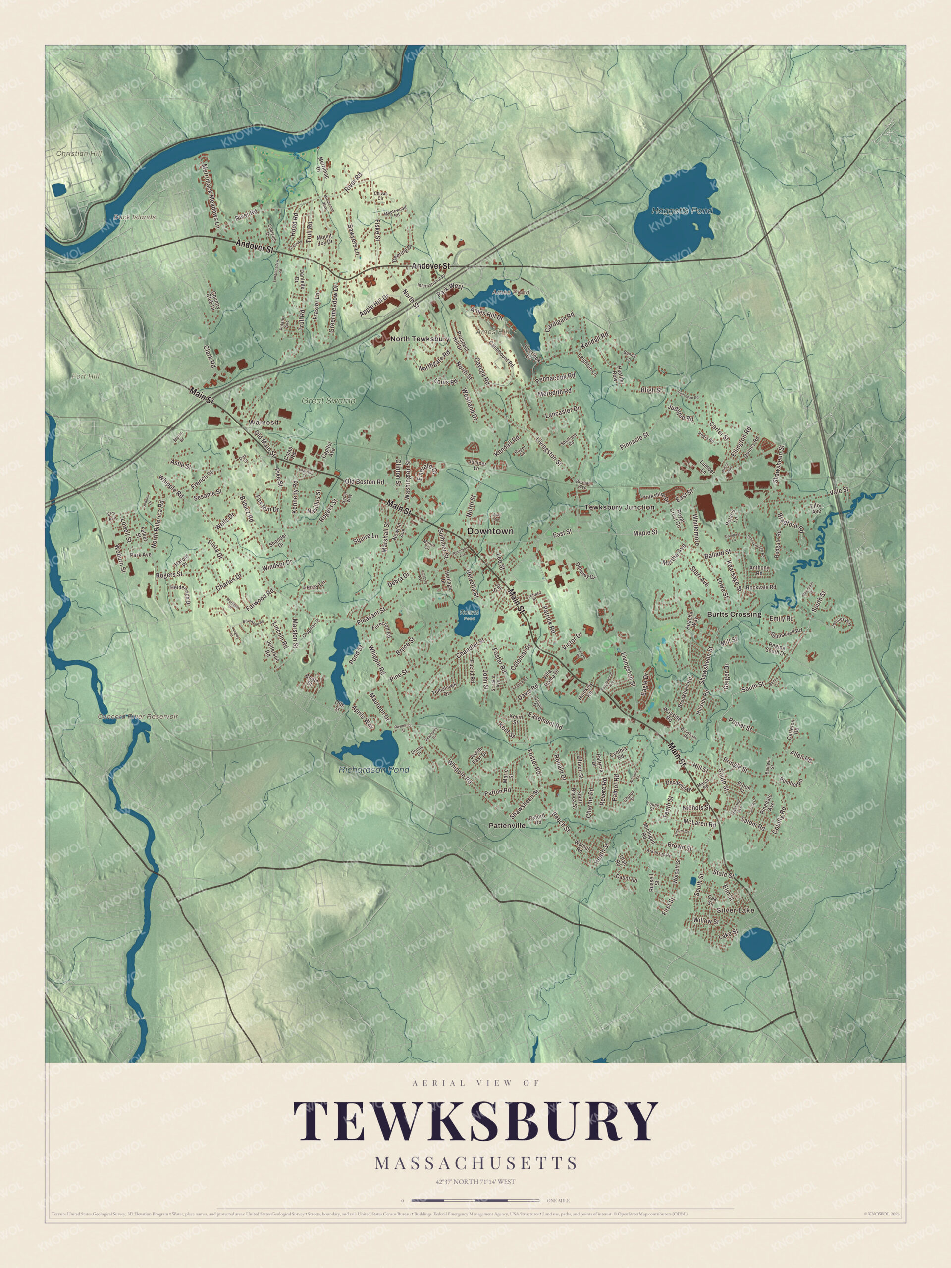 Protected watermarked complete map of Tewksbury, Massachusetts
