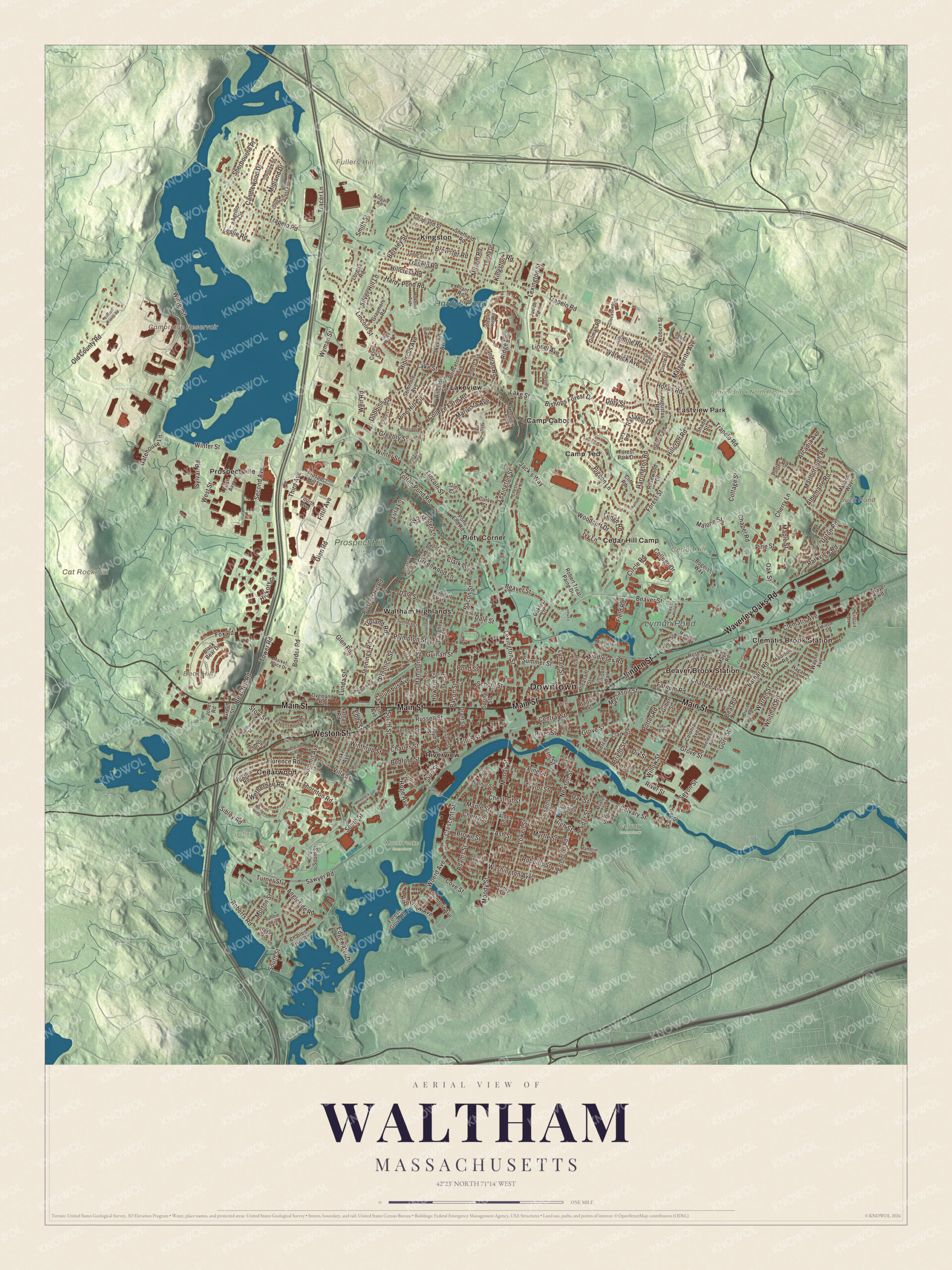 Protected watermarked complete map of Waltham, Massachusetts