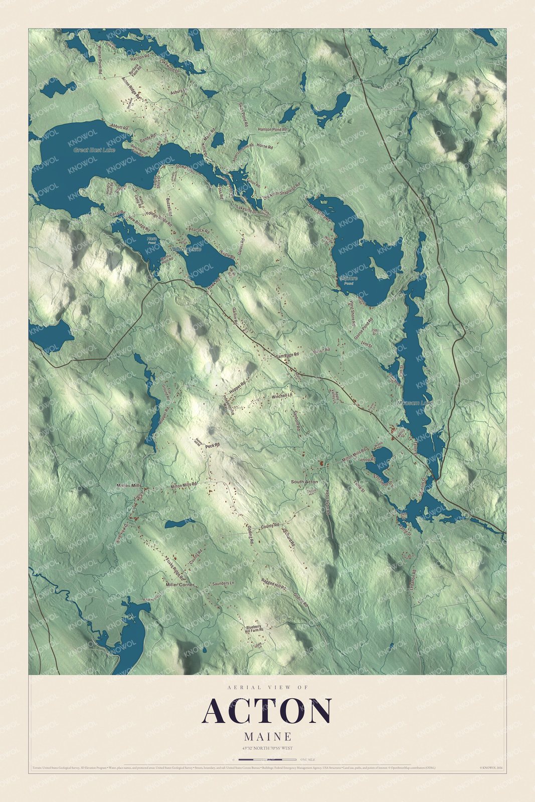 Map of Acton, Maine, with Great East Lake, Canal Road and the ridge roads