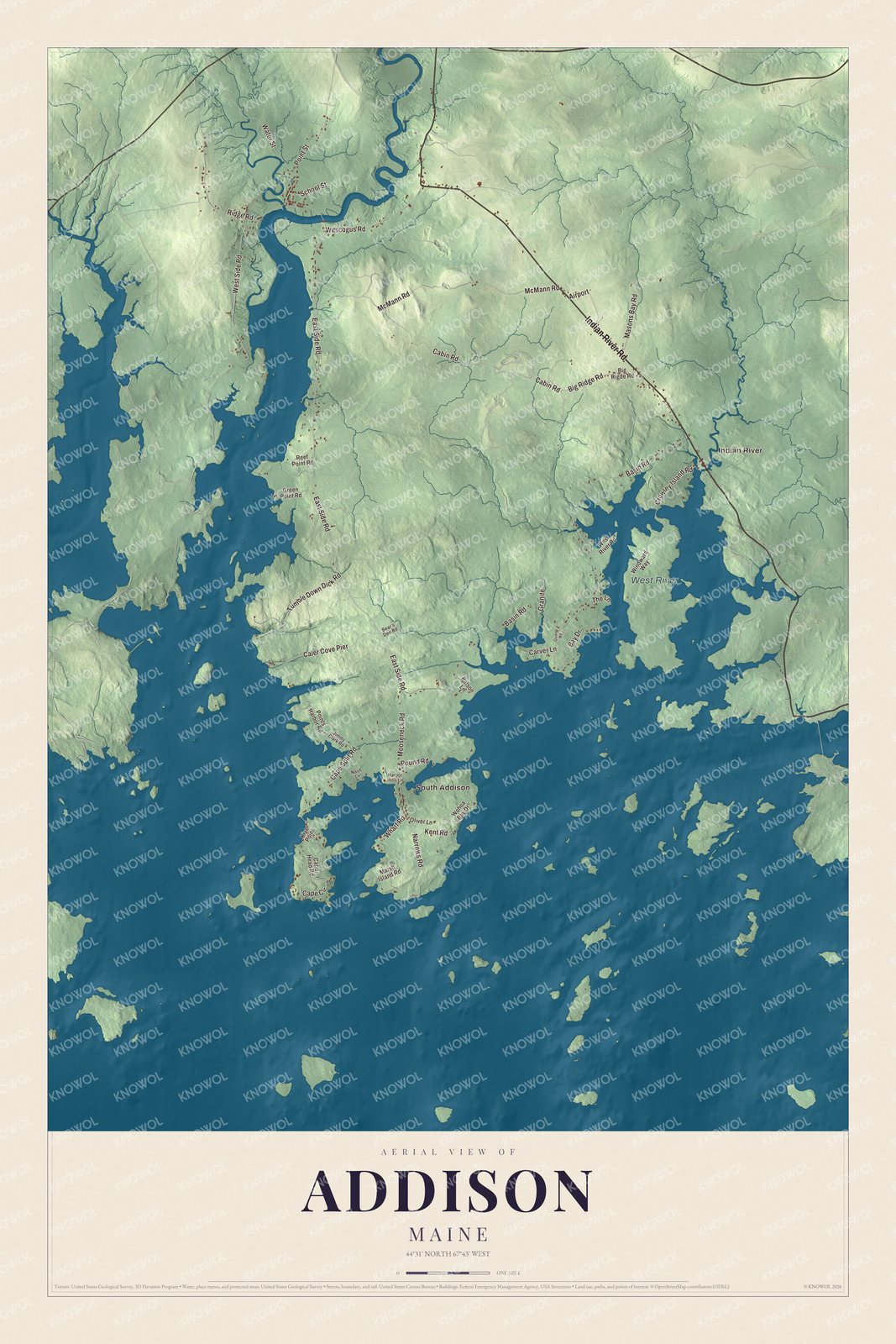 Map of Addison, Maine, with Indian River, South Addison and the West River