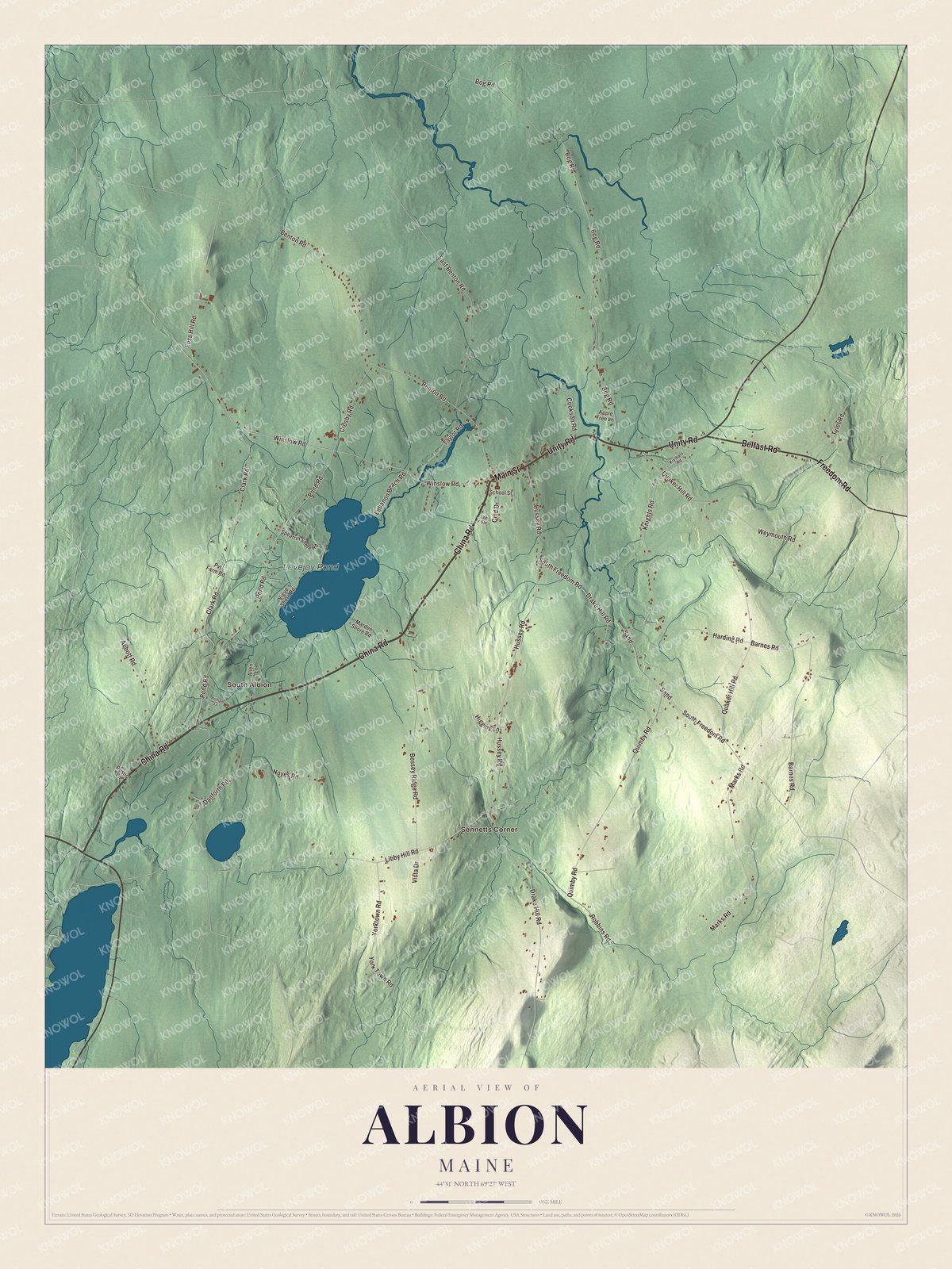 Map of Albion, Maine, with South Albion, Lovejoy Pond and Sennetts Corner