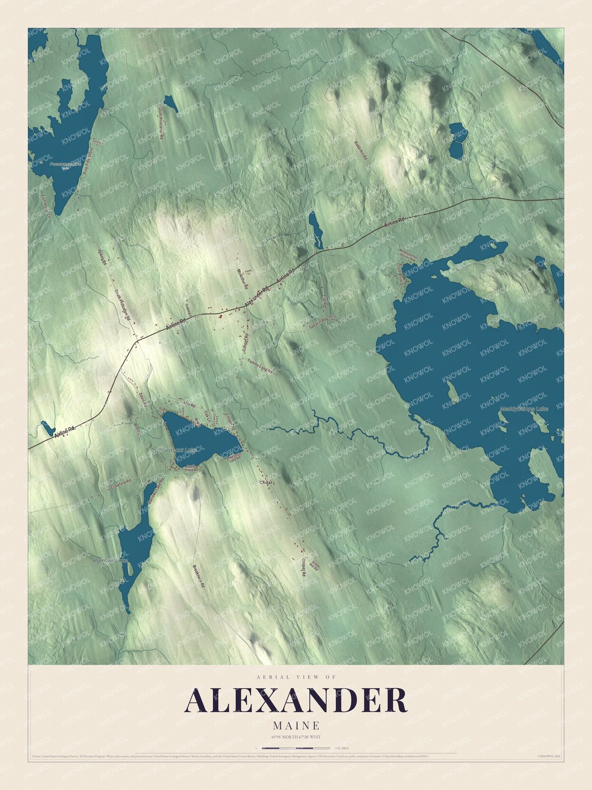 Map of Alexander, Maine, with Meddybemps Lake, Cedar and South Princeton Road