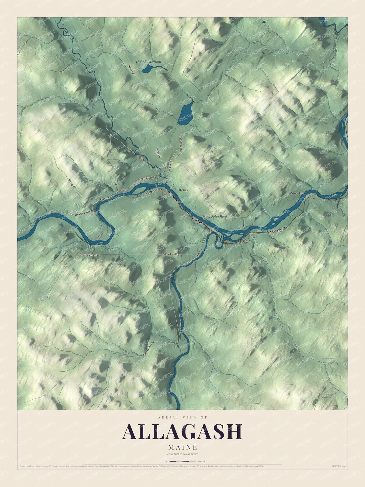 Map of Allagash, Maine, with the Saint John River, Cross Rock and Dickey
