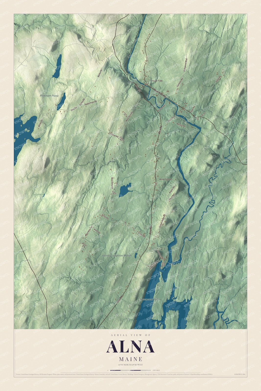 Map of Alna, Maine, with the Sheepscot River, Head Tide and Alna Center