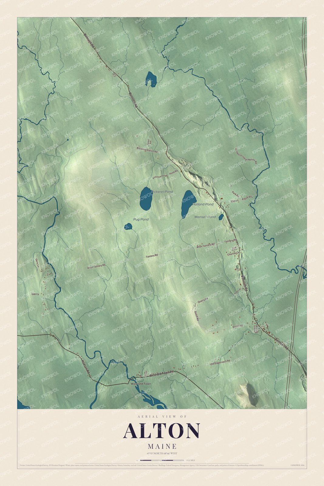 Map of Alton, Maine, with Gerry, West Old Town and Pickerel Pond