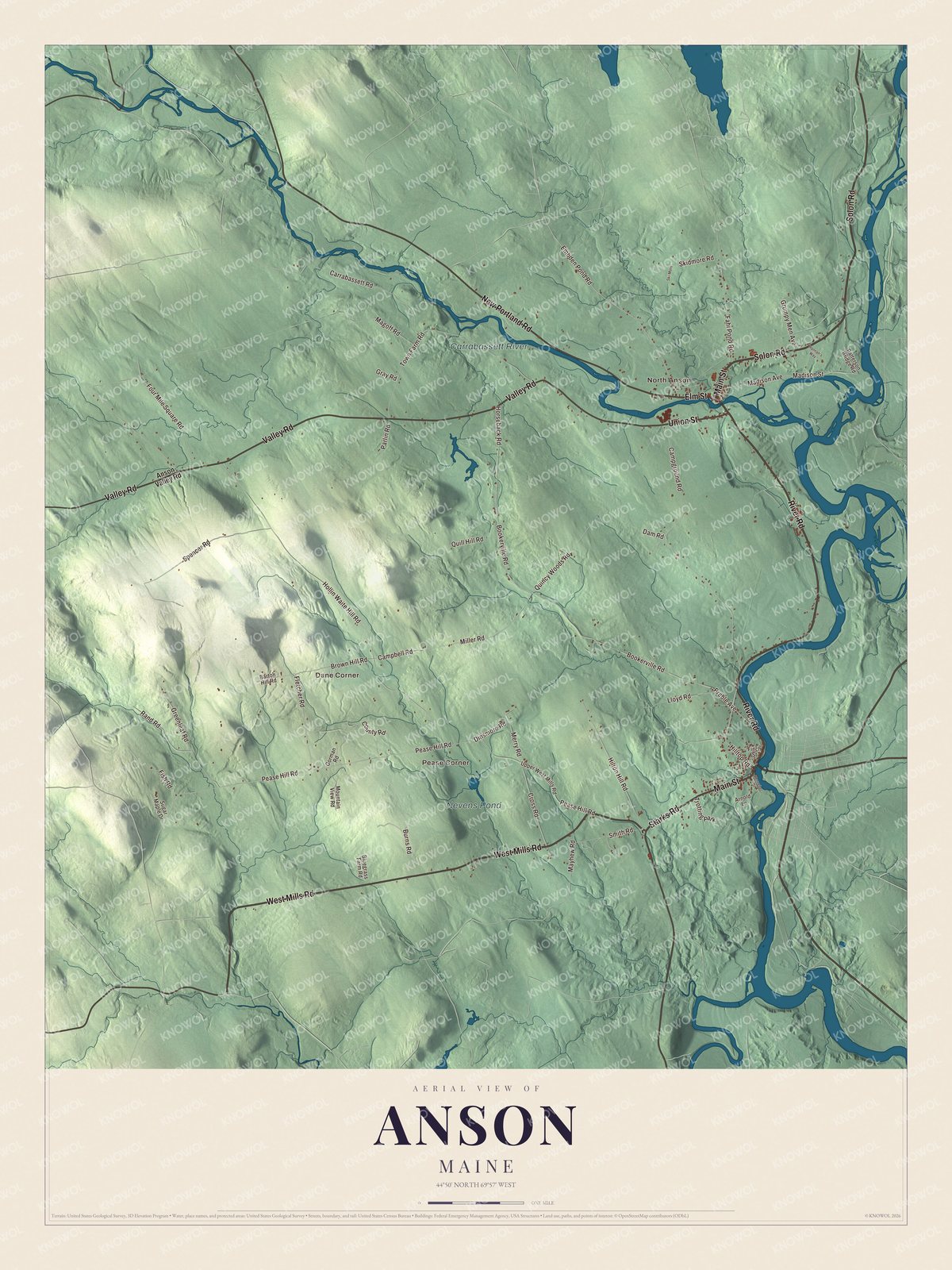 Map of Anson, Maine, with North Anson, the Carrabassett River and Pease Corner