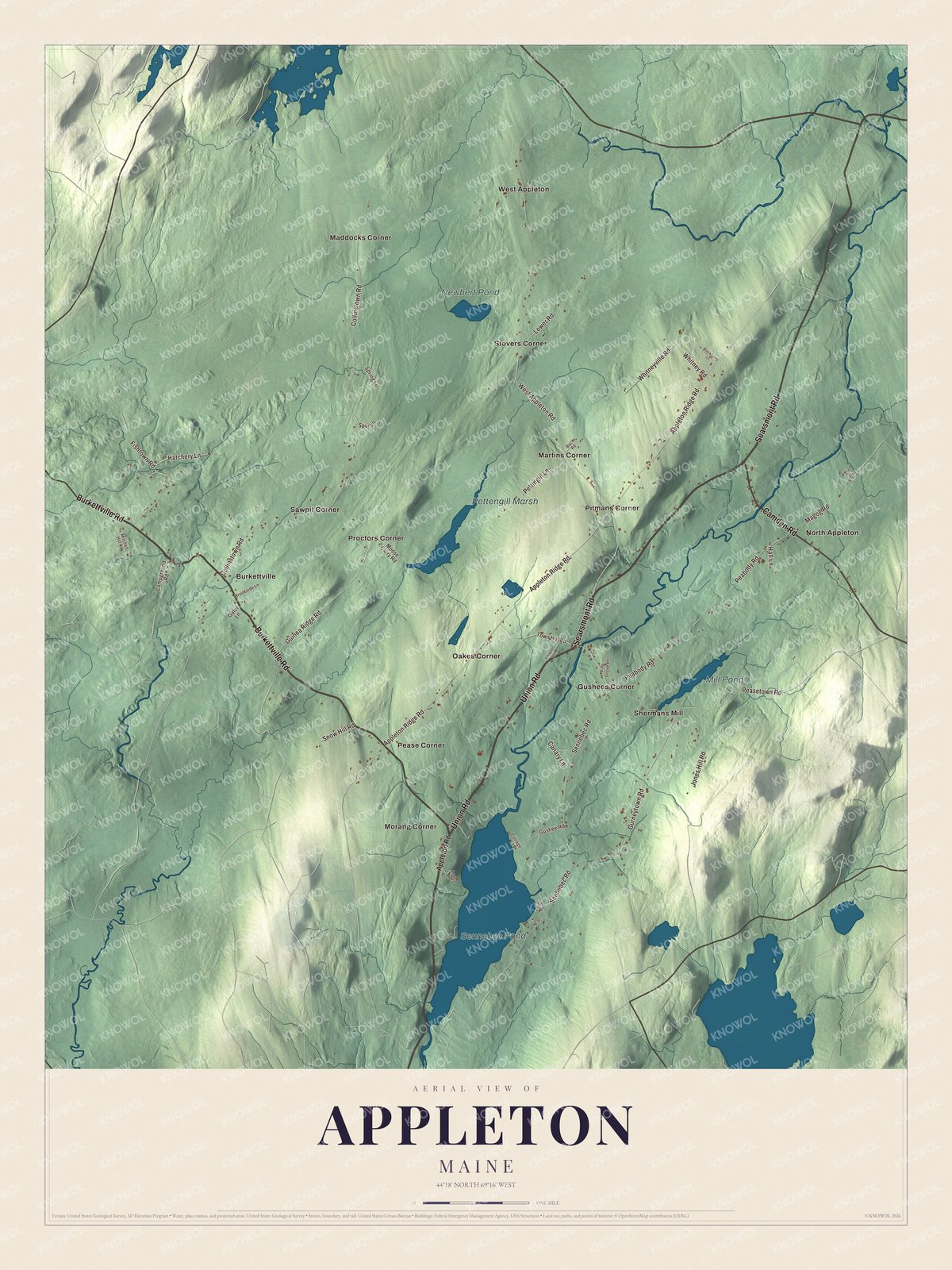 Map of Appleton, Maine, with Burkettville, Sennebec Pond and Gushees Corner