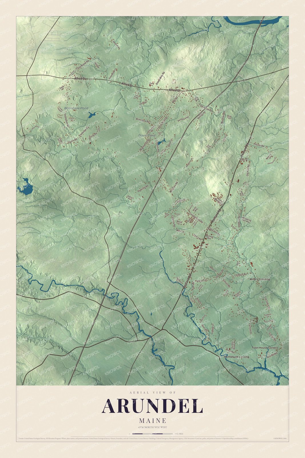 Map of Arundel, Maine, with Portland Road, Limerick Road, Millers Crossing and Brimstone Pond