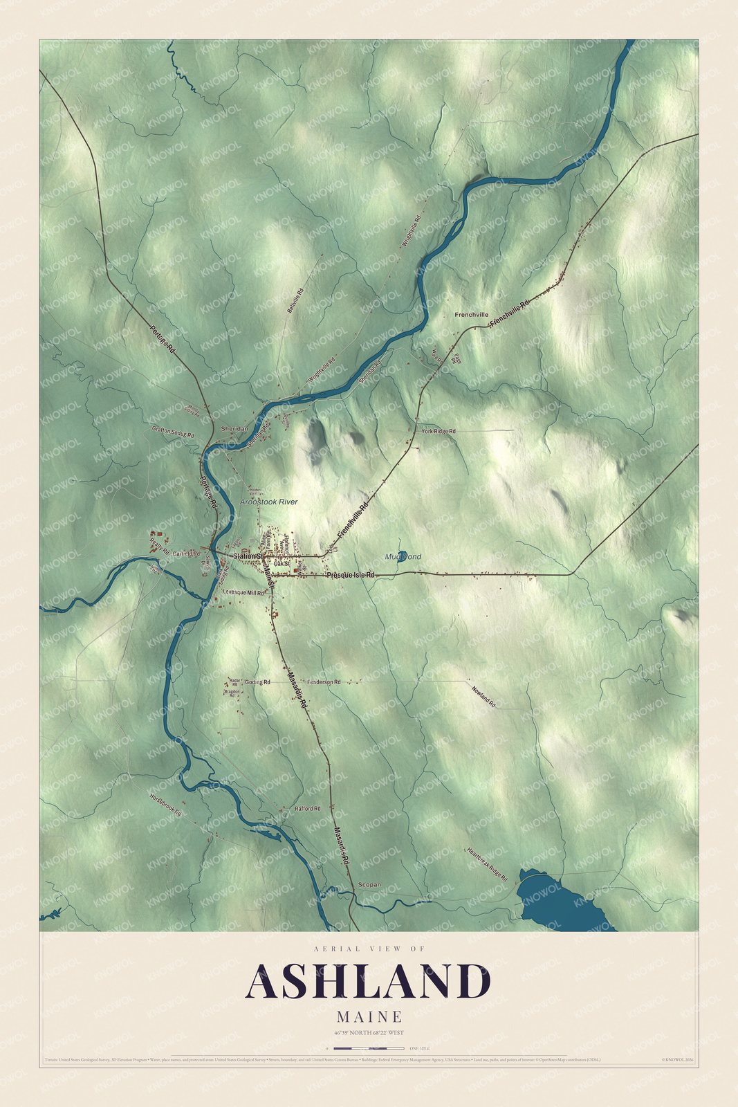 Map of Ashland, Maine, with the Aroostook River, Main Street and Station Street