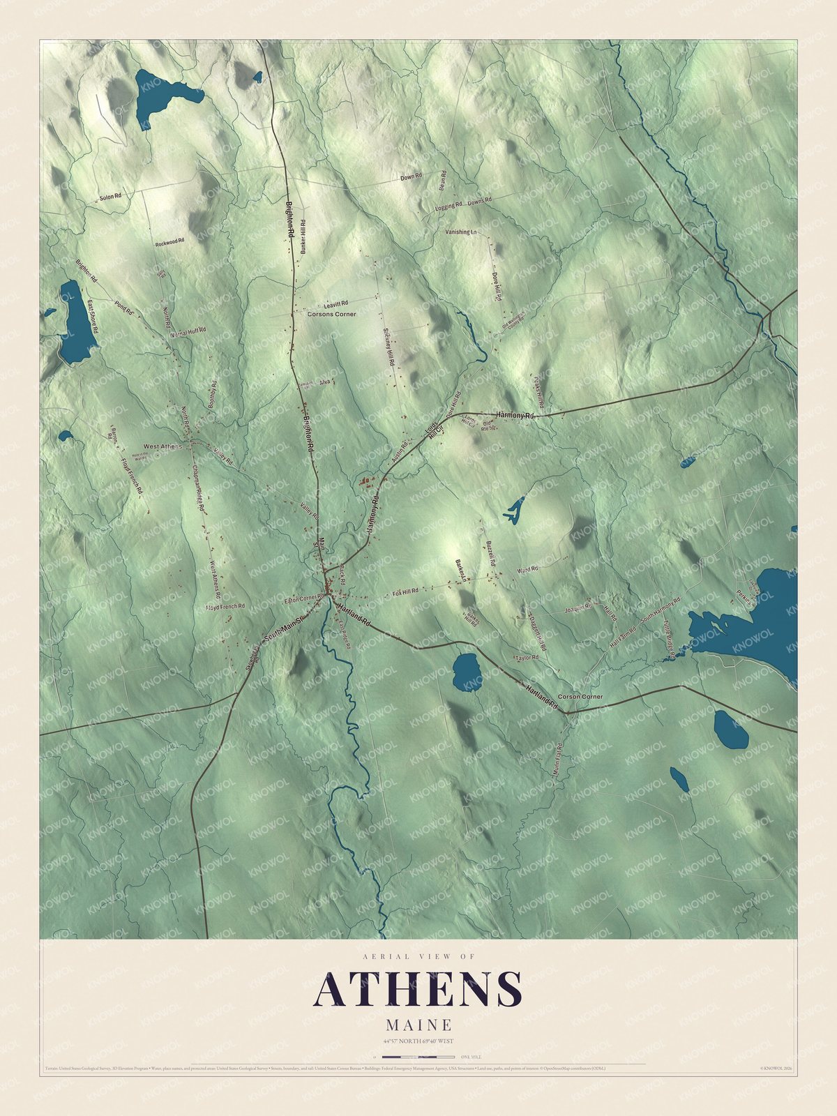 Map of Athens, Maine, with Brighton Road, Corsons Corner and West Athens