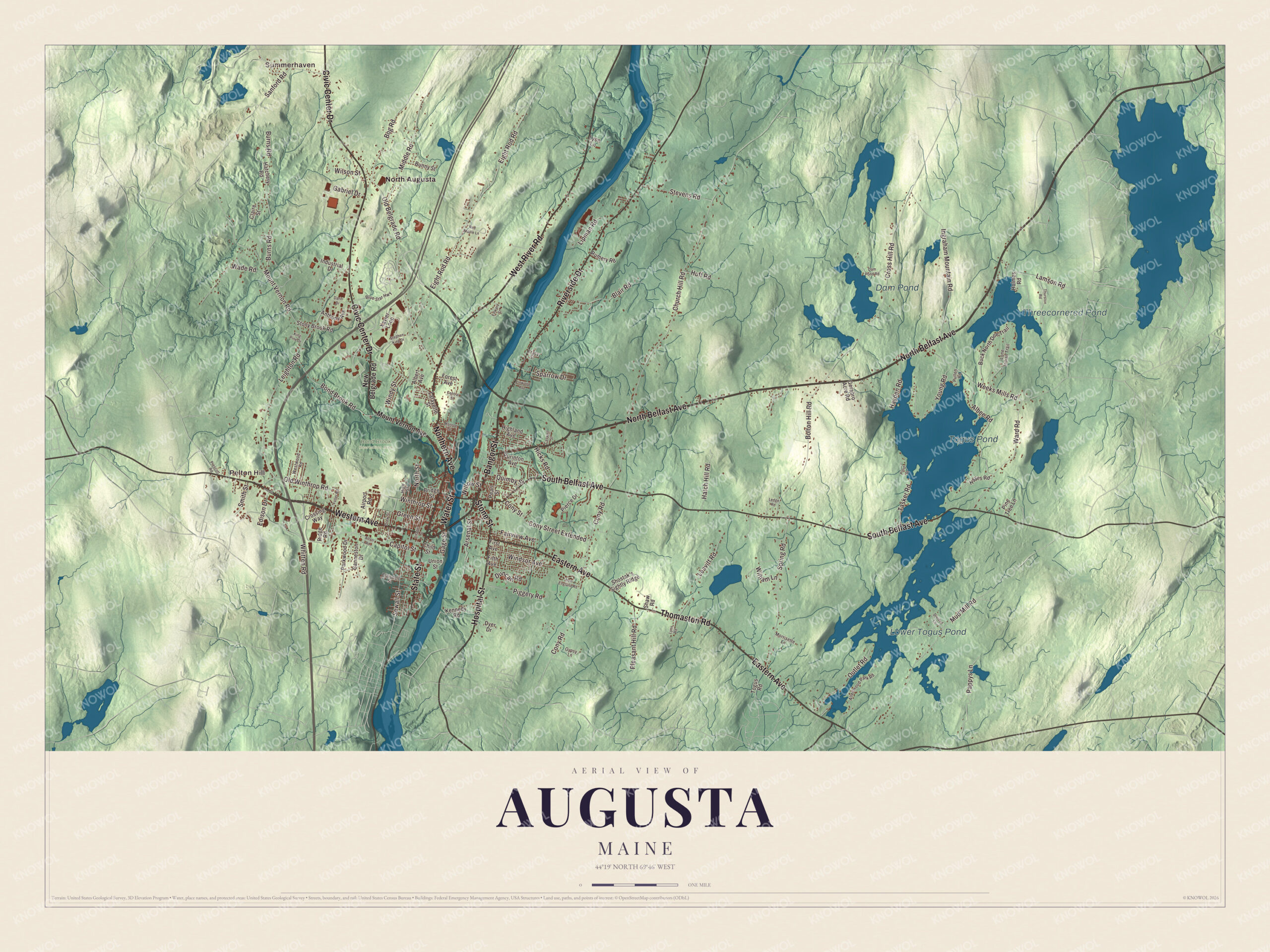 Map of Augusta, Maine, with State Street, Water Street and the Togus Ponds