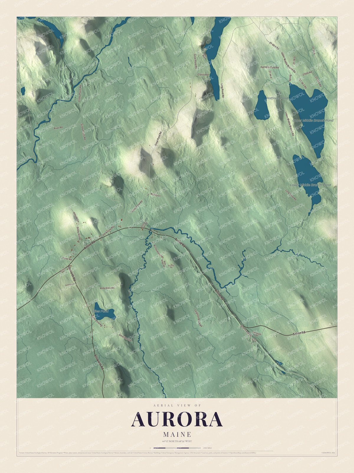 Map of Aurora, Maine, with Airline Road, Giles Pond and the Middle Branch Ponds