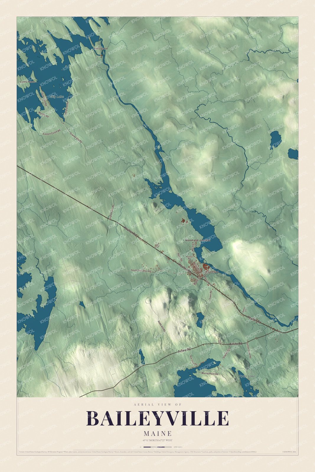 Map of Baileyville, Maine, with Woodland, Woodland Junction and Big Lake
