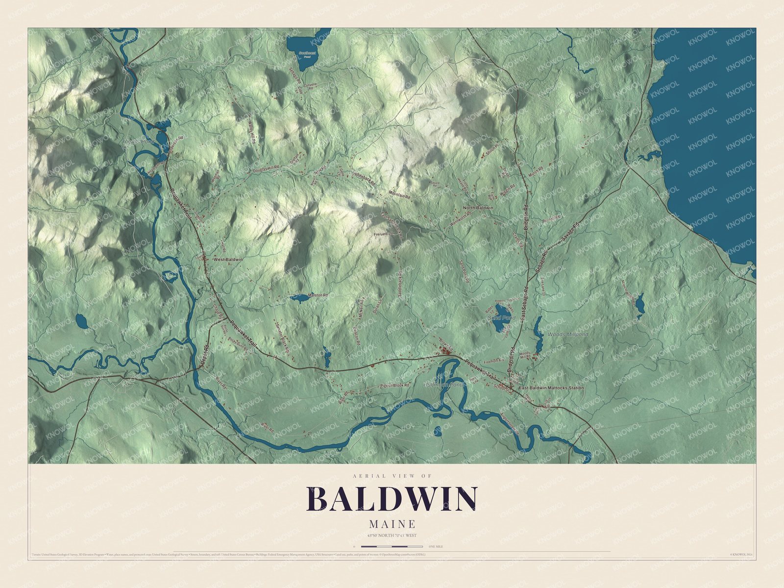 Map of Baldwin, Maine, with the Pequawket Trail, West Baldwin and Sand Pond