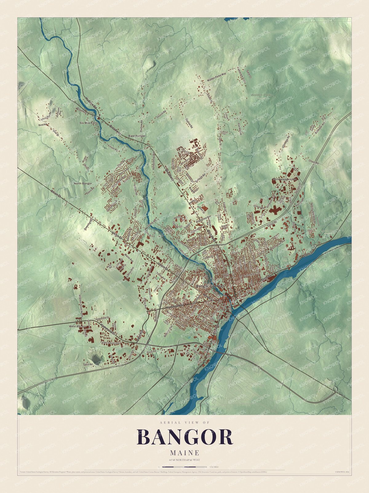 Map of Bangor, Maine, with Broadway, State Street, Main Street and East Bangor