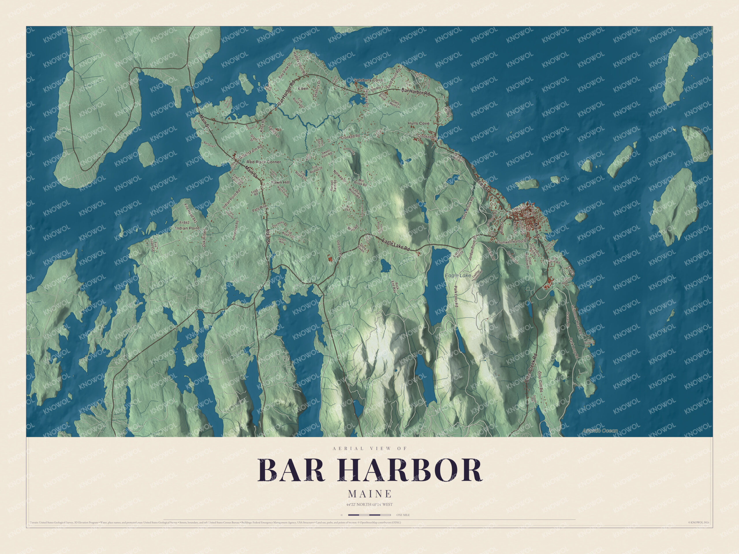 Map of Bar Harbor, Maine, with the Park Loop Road, Eagle Lake and Hulls Cove