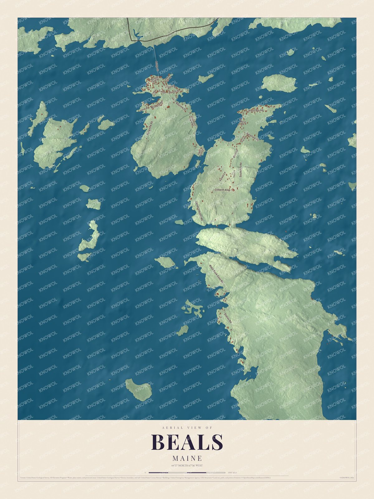 Map of Beals, Maine, with Bayview Drive, Bridge Street and Alleys Bay Road