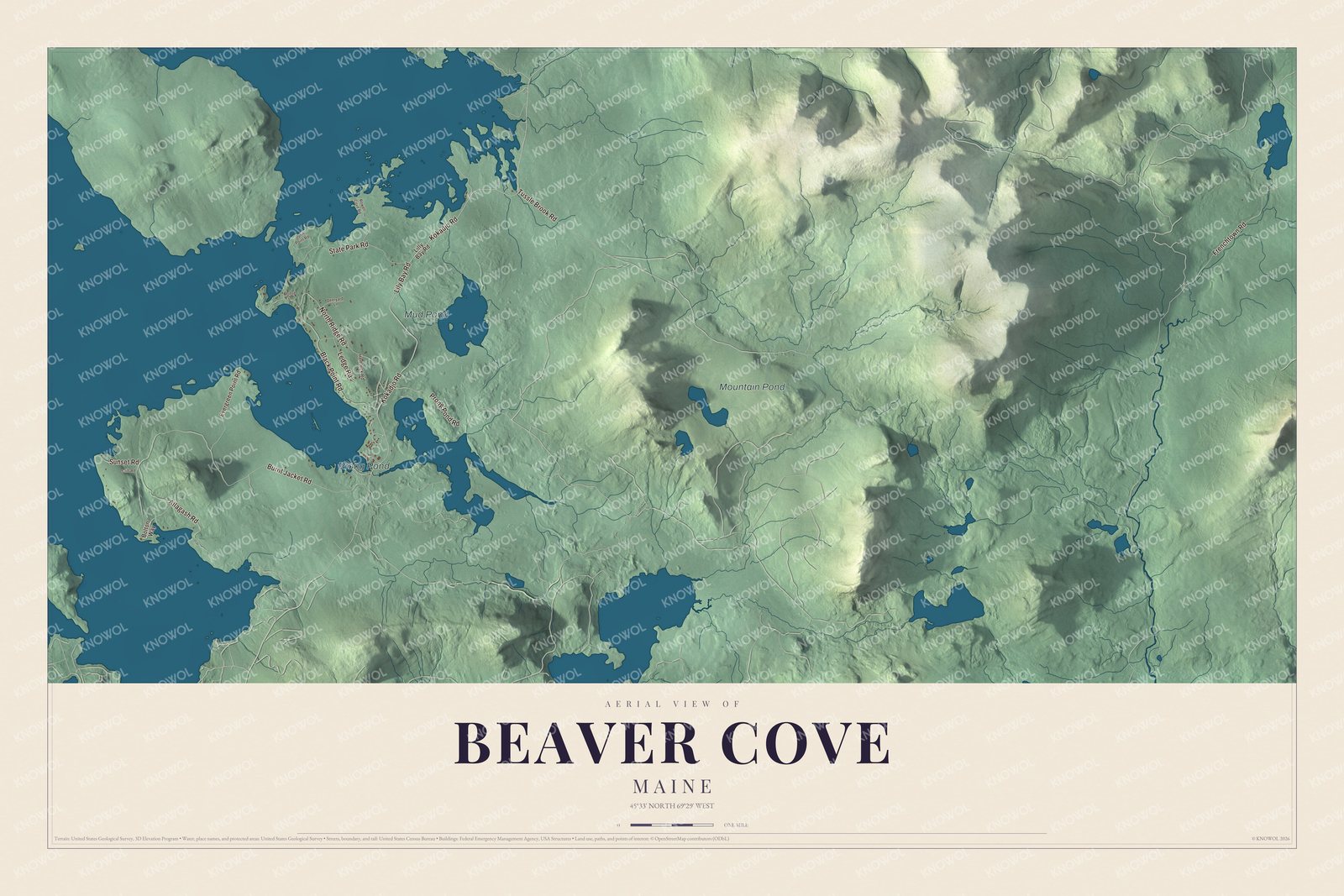 Map of Beaver Cove, Maine, with Lily Bay Road, Prong Pond and Mountain Pond
