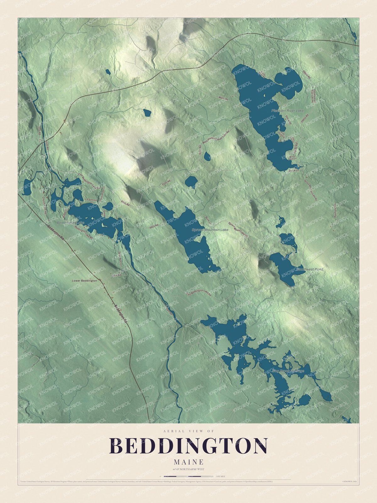 Map of Beddington, Maine, with Pleasant River Lake, Bog Brook Flowage and Dam Road
