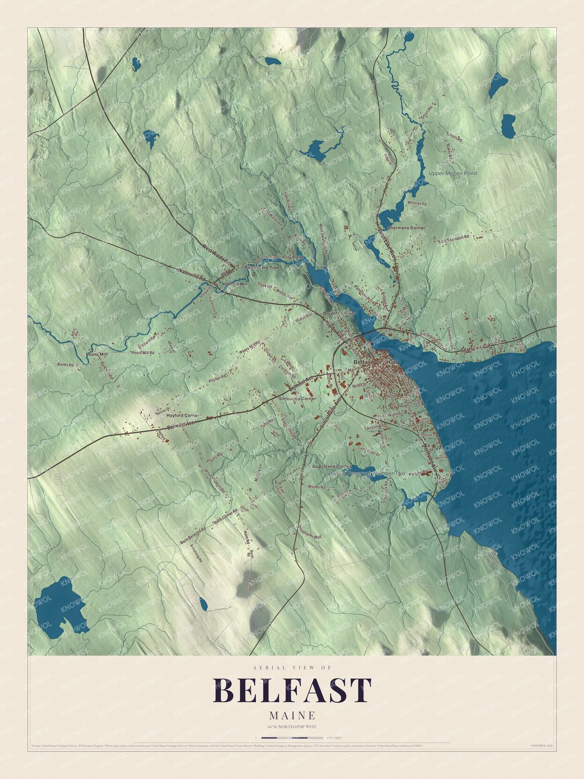 Map of Belfast, Maine, with Searsport Avenue, City Point and Upper Mason Pond