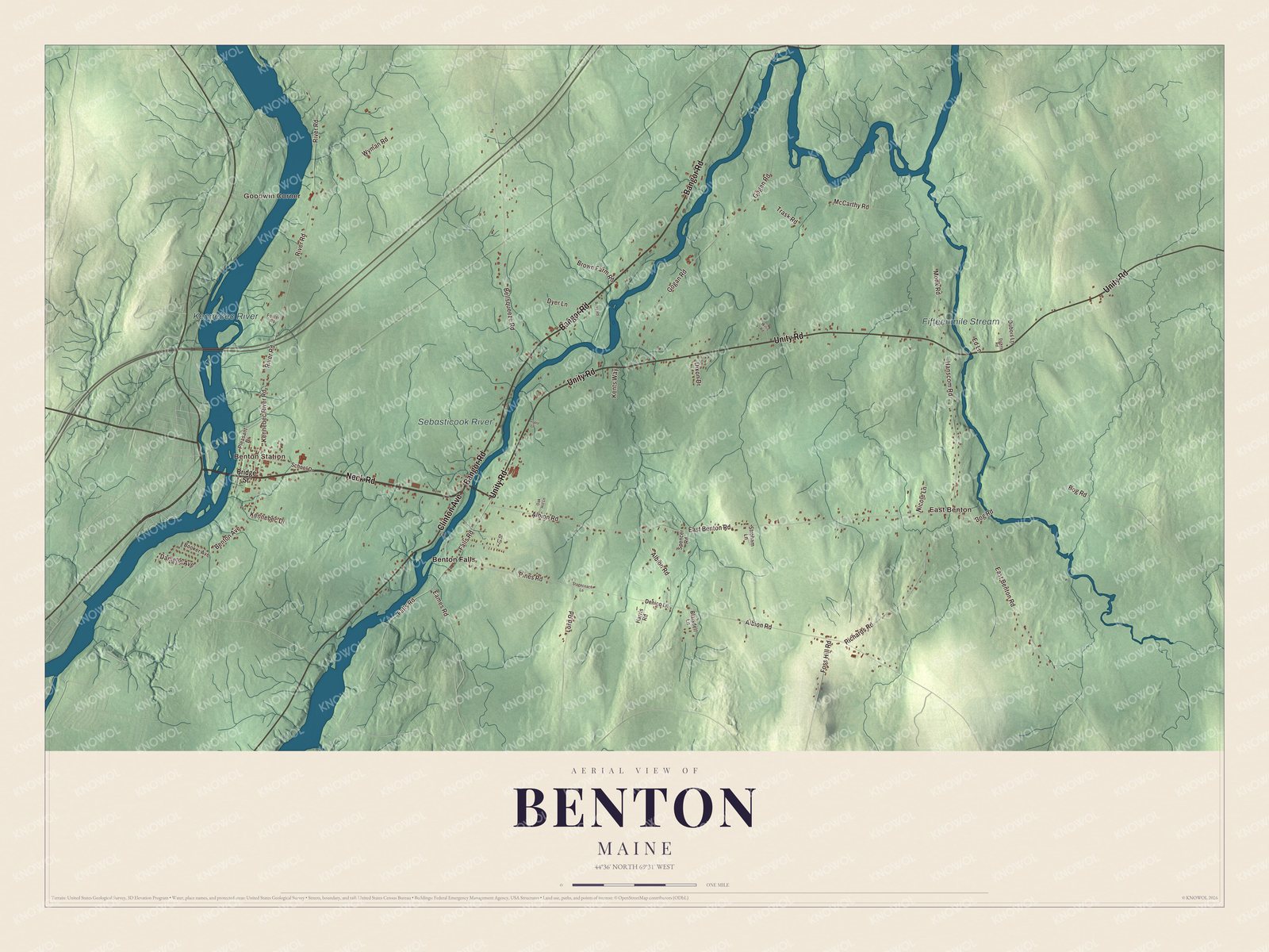Map of Benton, Maine, with the Sebasticook River, Benton Falls and Unity Road