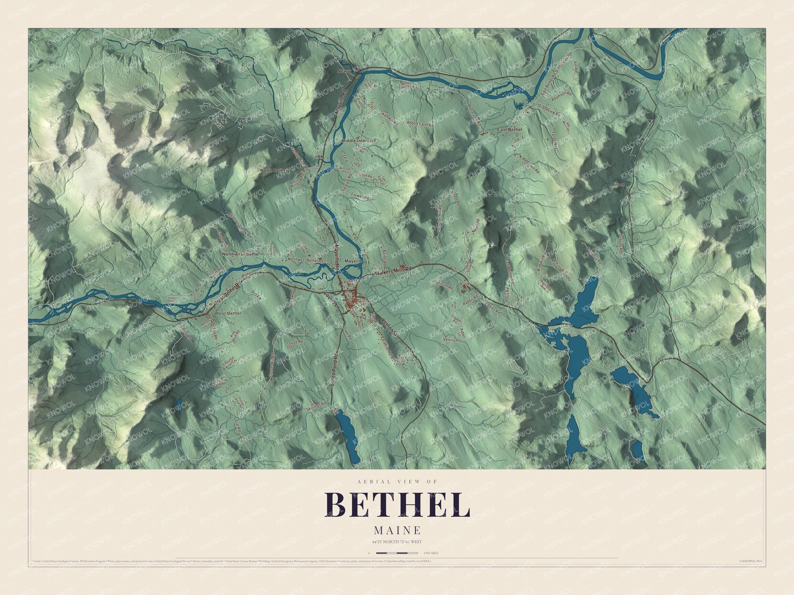 Map of Bethel, Maine, with West Bethel, Middle Intervale and Songo Pond Road