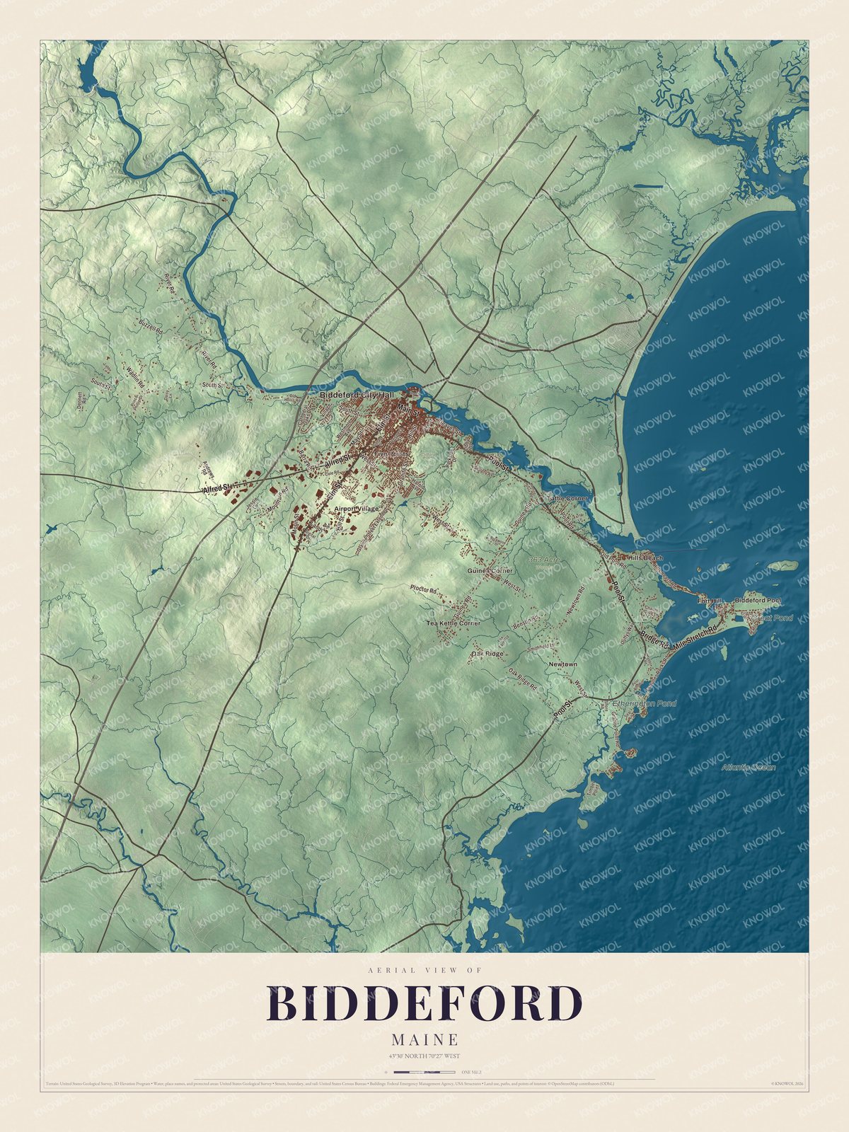 Map of Biddeford, Maine, with Biddeford Pool, Main Street and Hills Beach