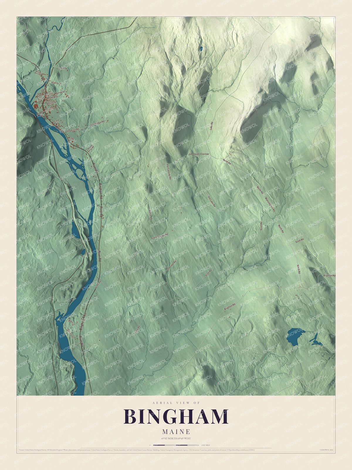 Map of Bingham, Maine, with Main Street, River Road and Johnson Corner
