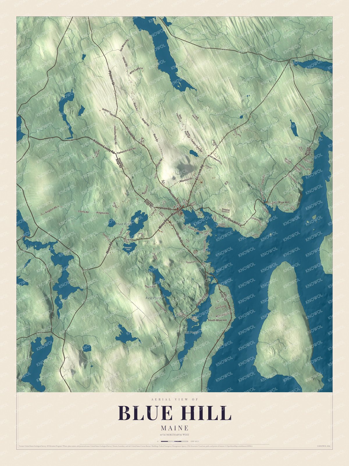 Map of Blue Hill, Maine, with Main Street, East Blue Hill and Salt Pond