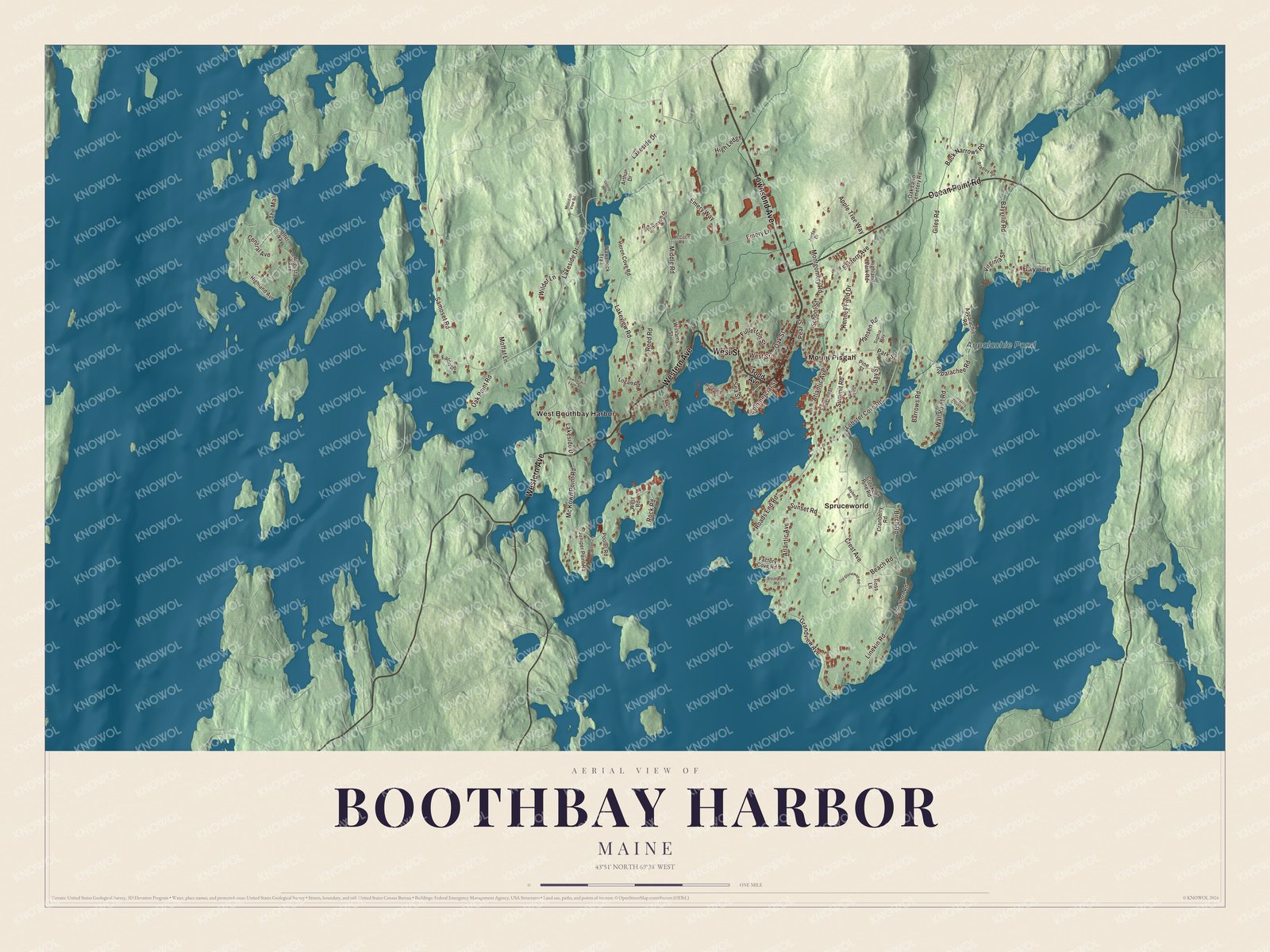 Map of Boothbay Harbor, Maine, with Townsend Avenue, Mount Pisgah and Appalachie Pond