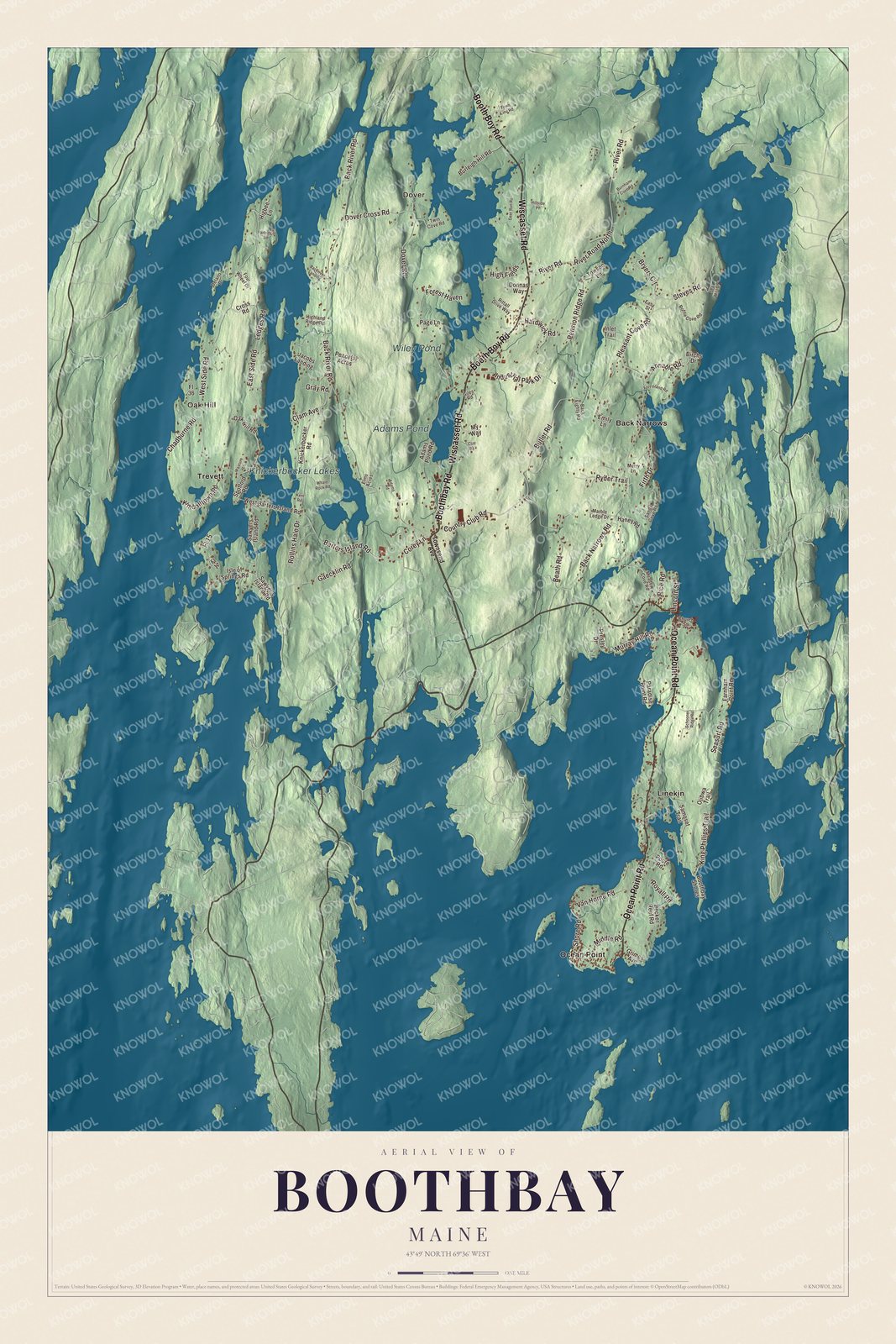 Map of Boothbay, Maine, with Ocean Point, Linekin and Adams Pond