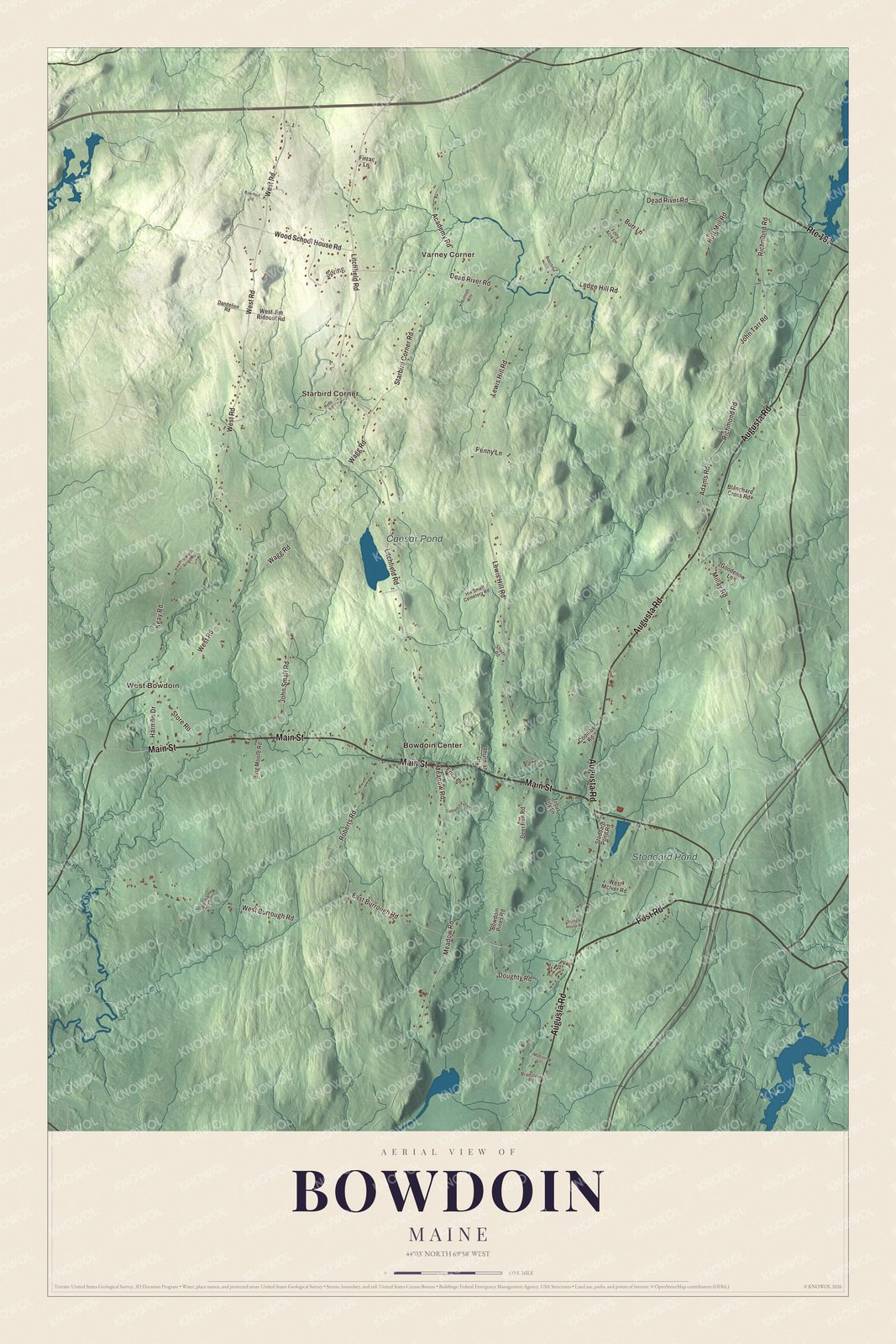 Map of Bowdoin, Maine, with Varney Corner, Starbird Corner and Caesar Pond