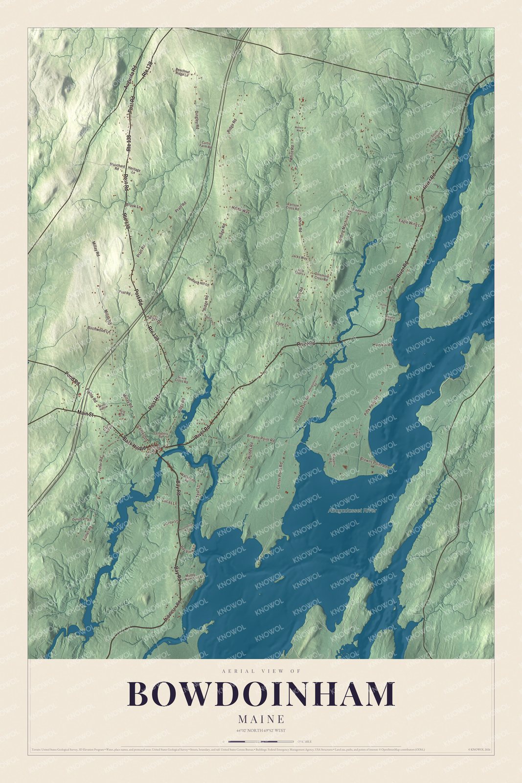 Map of Bowdoinham, Maine, with Main Street, River Road and the Abagadasset River