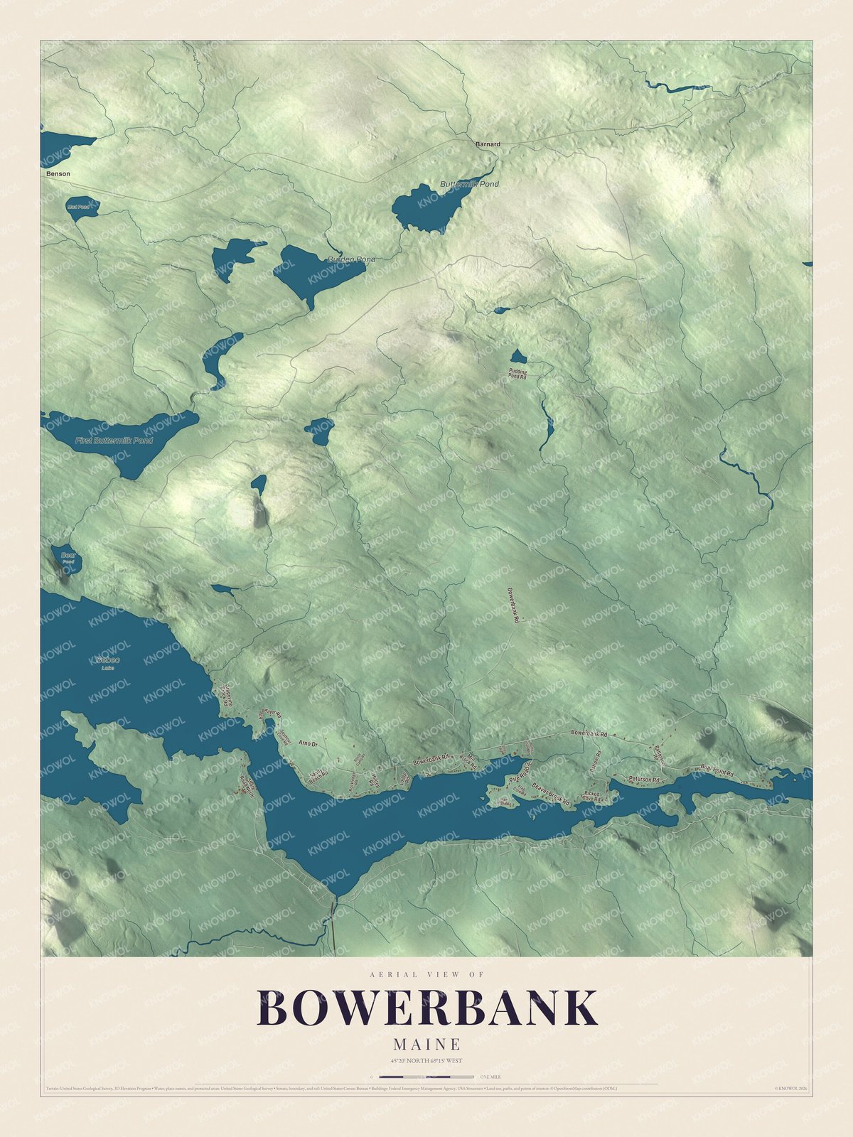Map of Bowerbank, Maine, with Benson, Barnard and the Buttermilk ponds