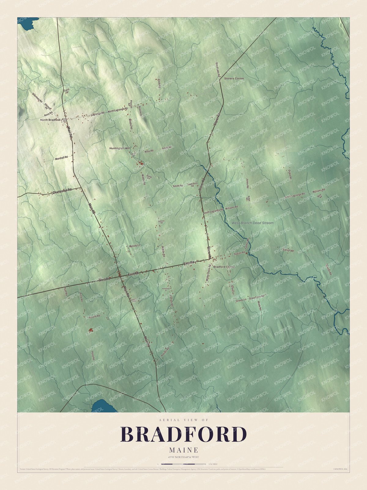 Map of Bradford, Maine, with the Main Road and East Road crossroads and Storers Corner