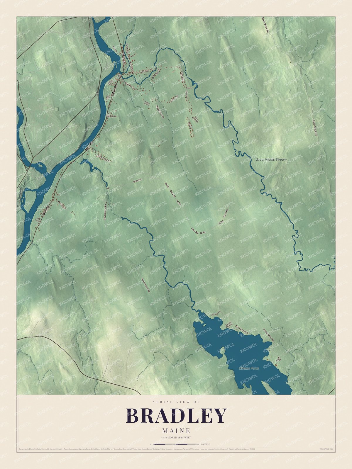 Map of Bradley, Maine, with Main Road, Chemo Pond and Great Works Stream