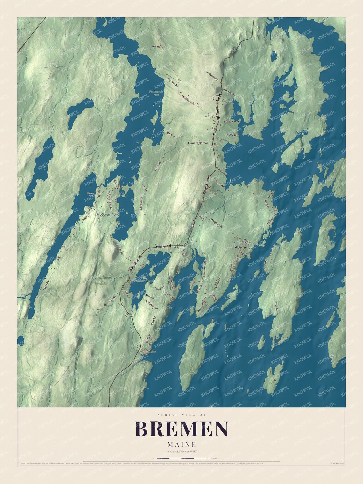 Map of Bremen, Maine, with Keene Neck Road, Broad Cove and Muscongus
