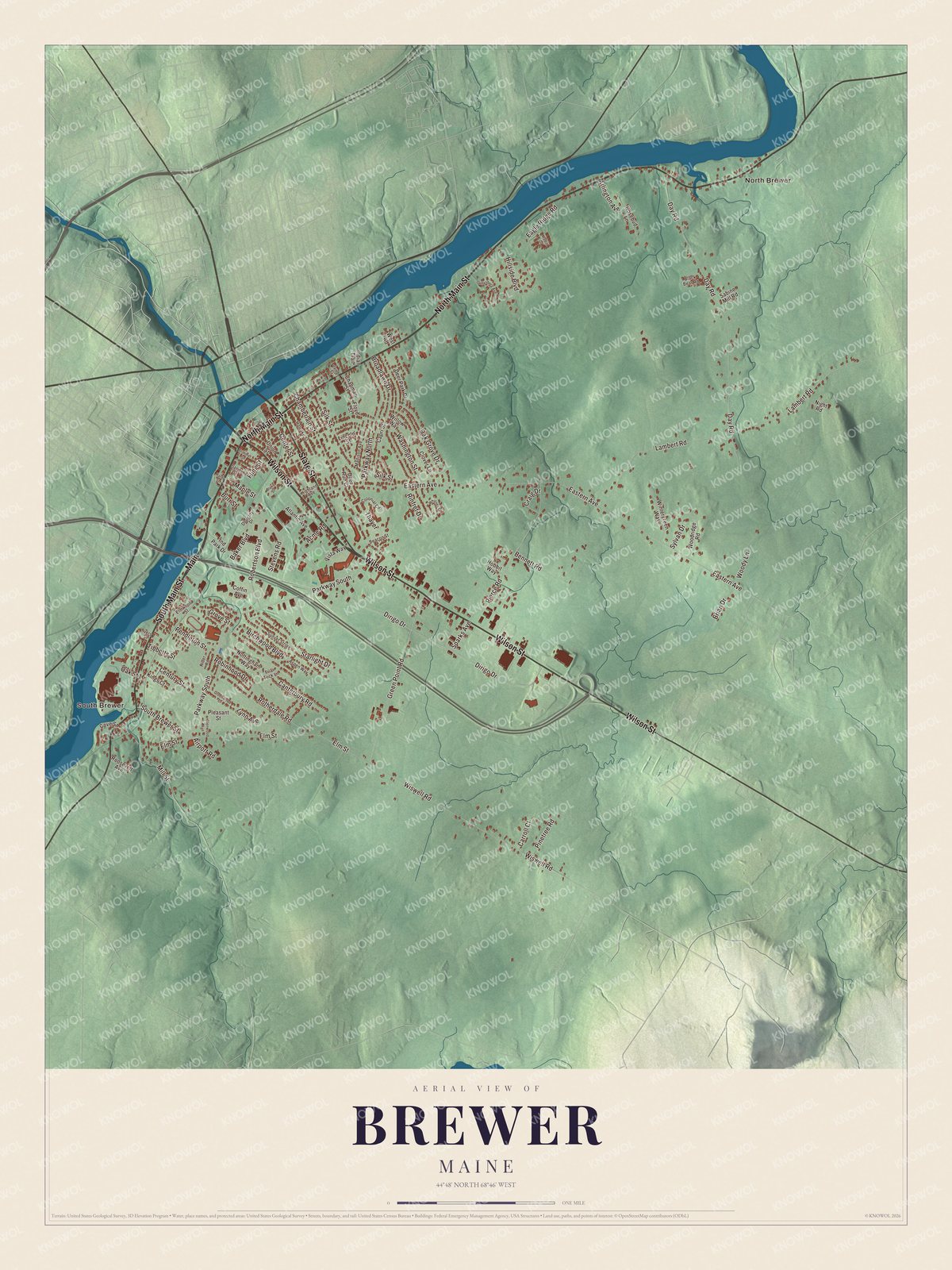 Map of Brewer, Maine, on the Penobscot River across from Bangor