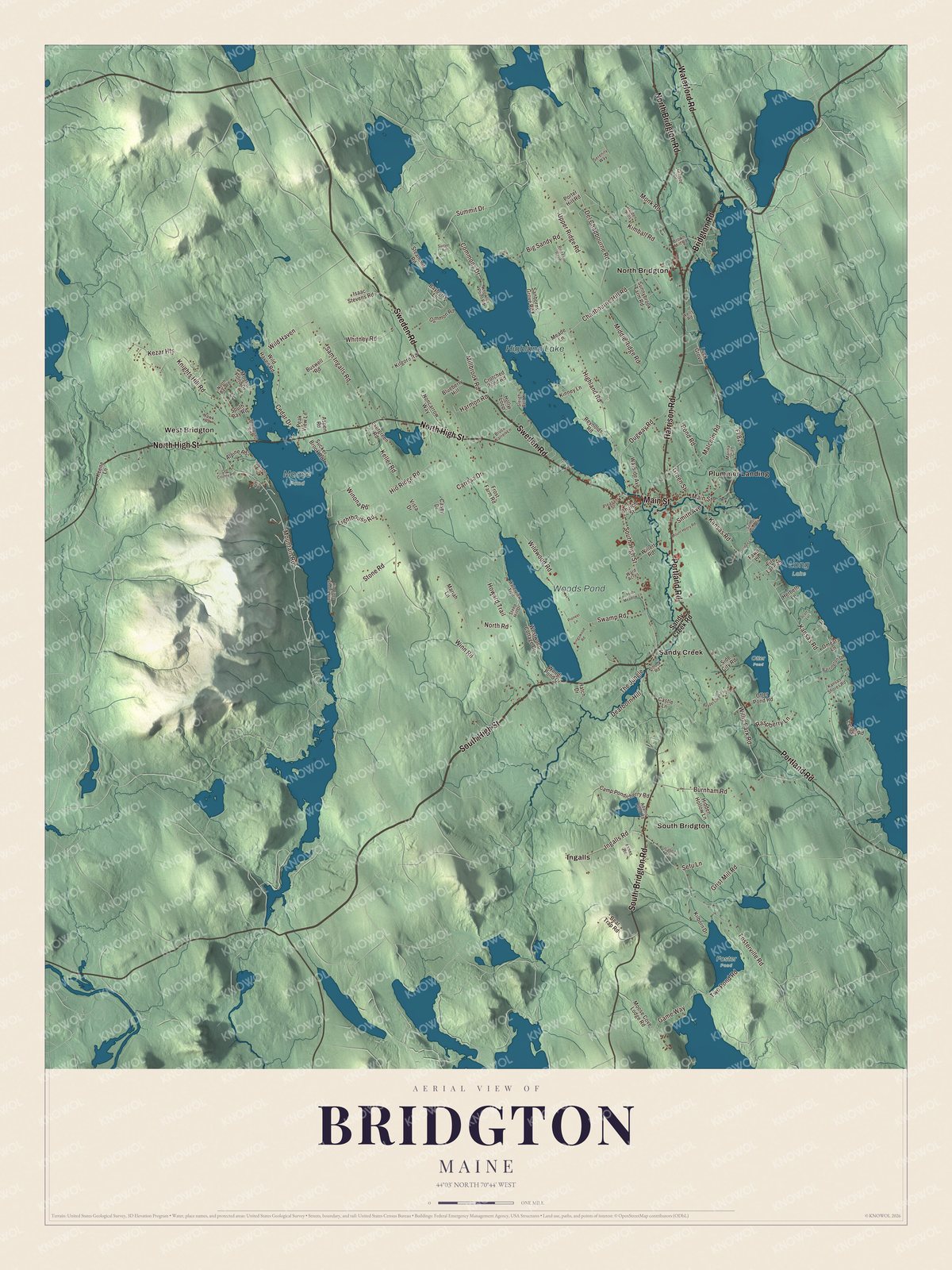Map of Bridgton, Maine, with Highland Lake, South High Street and North Bridgton