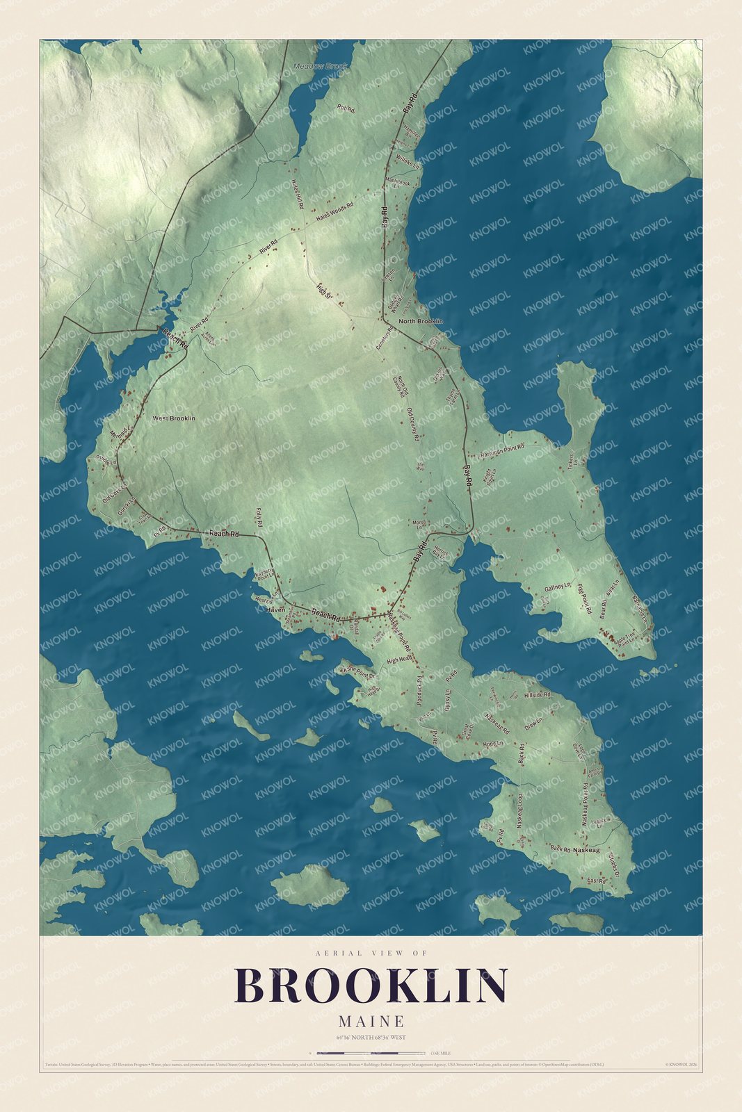 Map of Brooklin, Maine, on Eggemoggin Reach and Blue Hill Bay, with Naskeag and Haven