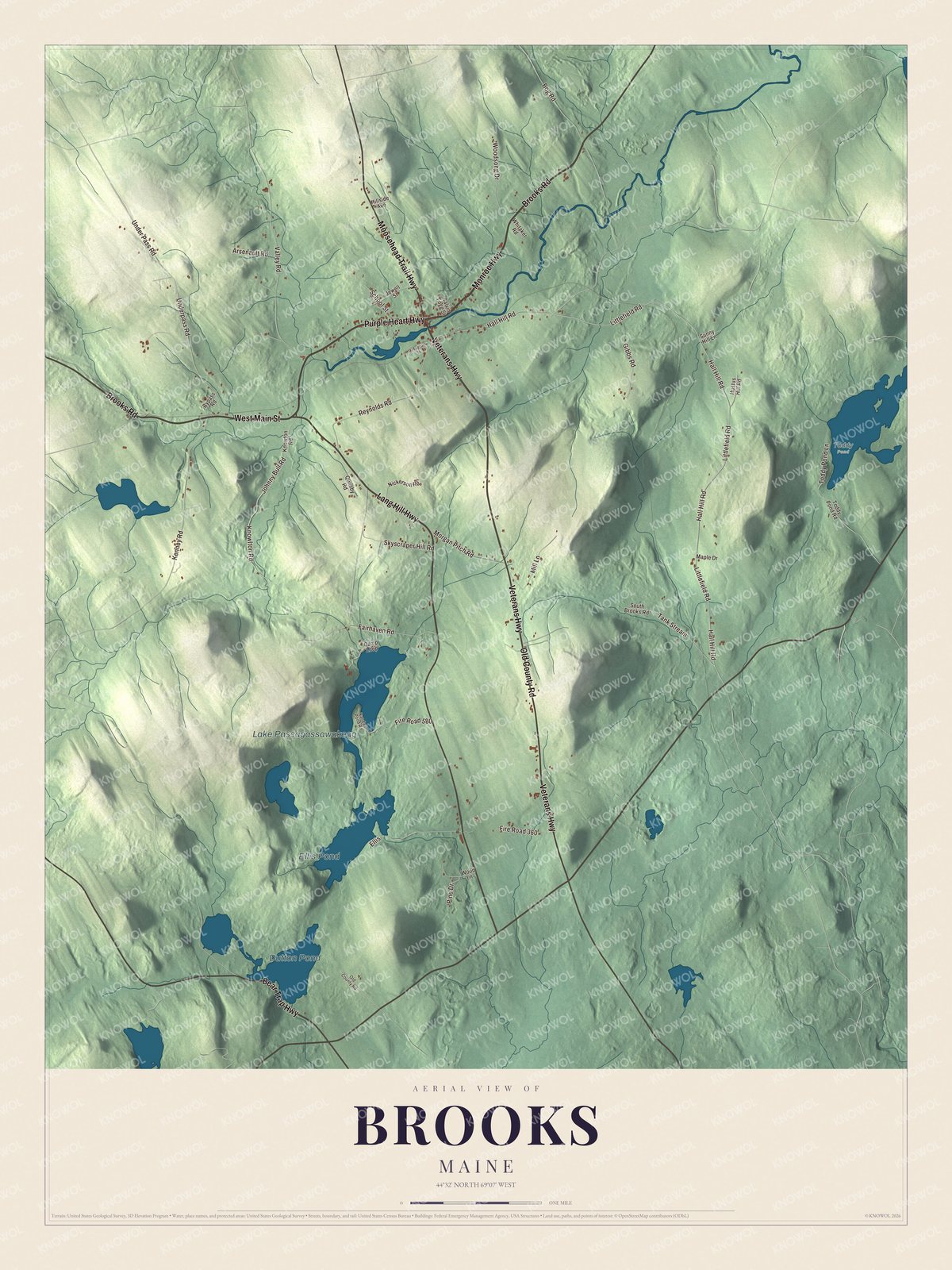 Map of Brooks, Maine, with Lake Passagassawakeag, Ellis Pond and Lang Hill Highway