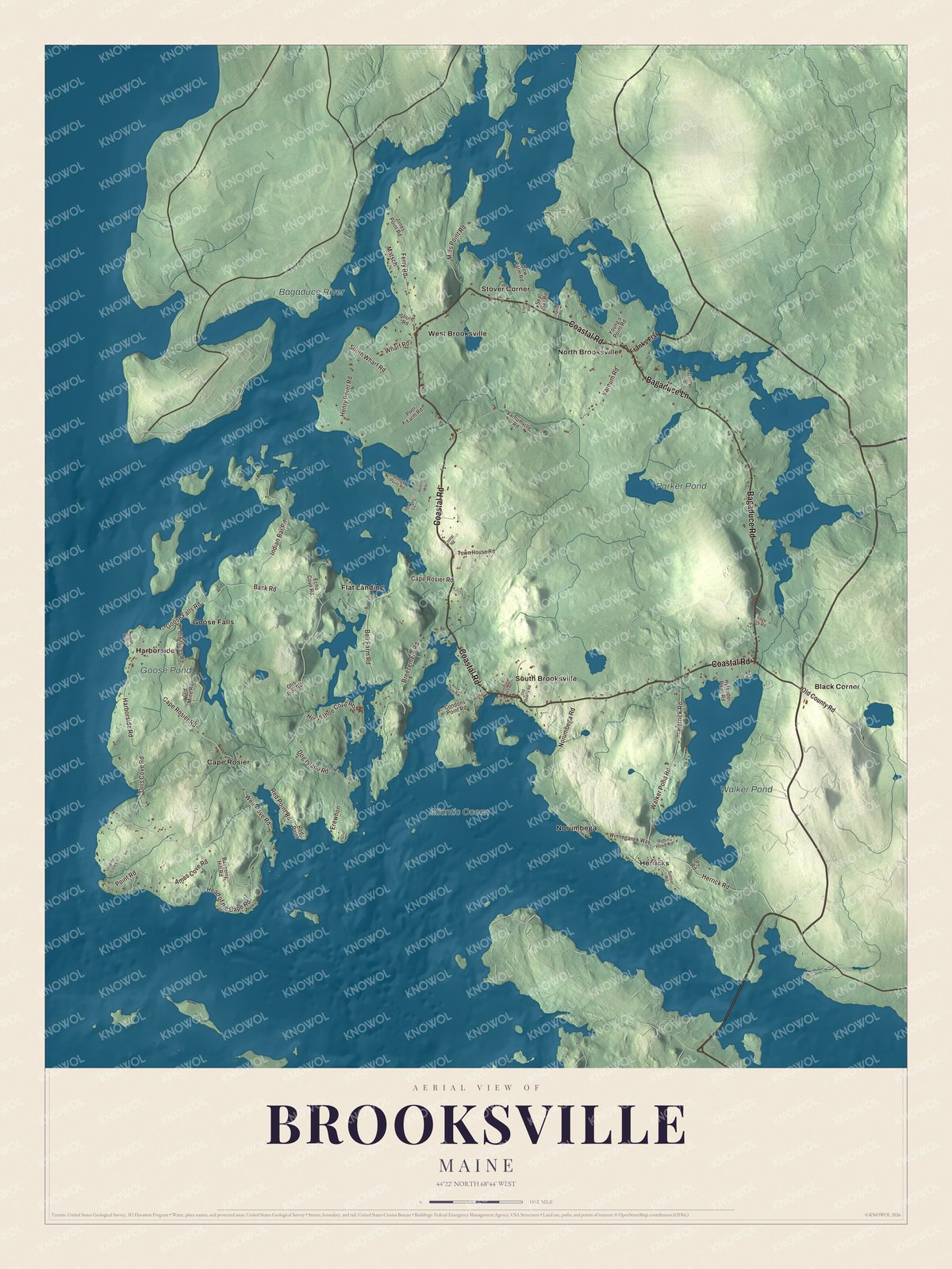 Map of Brooksville, Maine, with Cape Rosier, Harborside and the Bagaduce River
