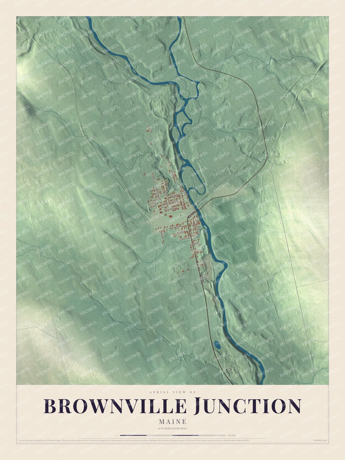 Map of Brownville Junction, Maine, with Railroad Avenue and Main Road