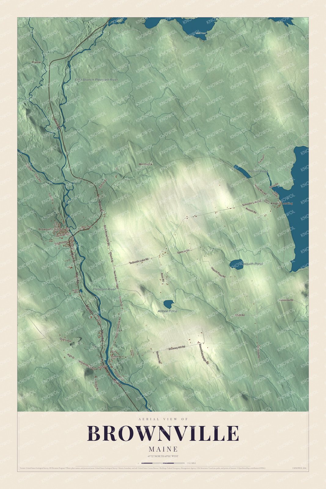 Map of Brownville, Maine, on the Pleasant River, with Knights Landing and Jaquith Pond