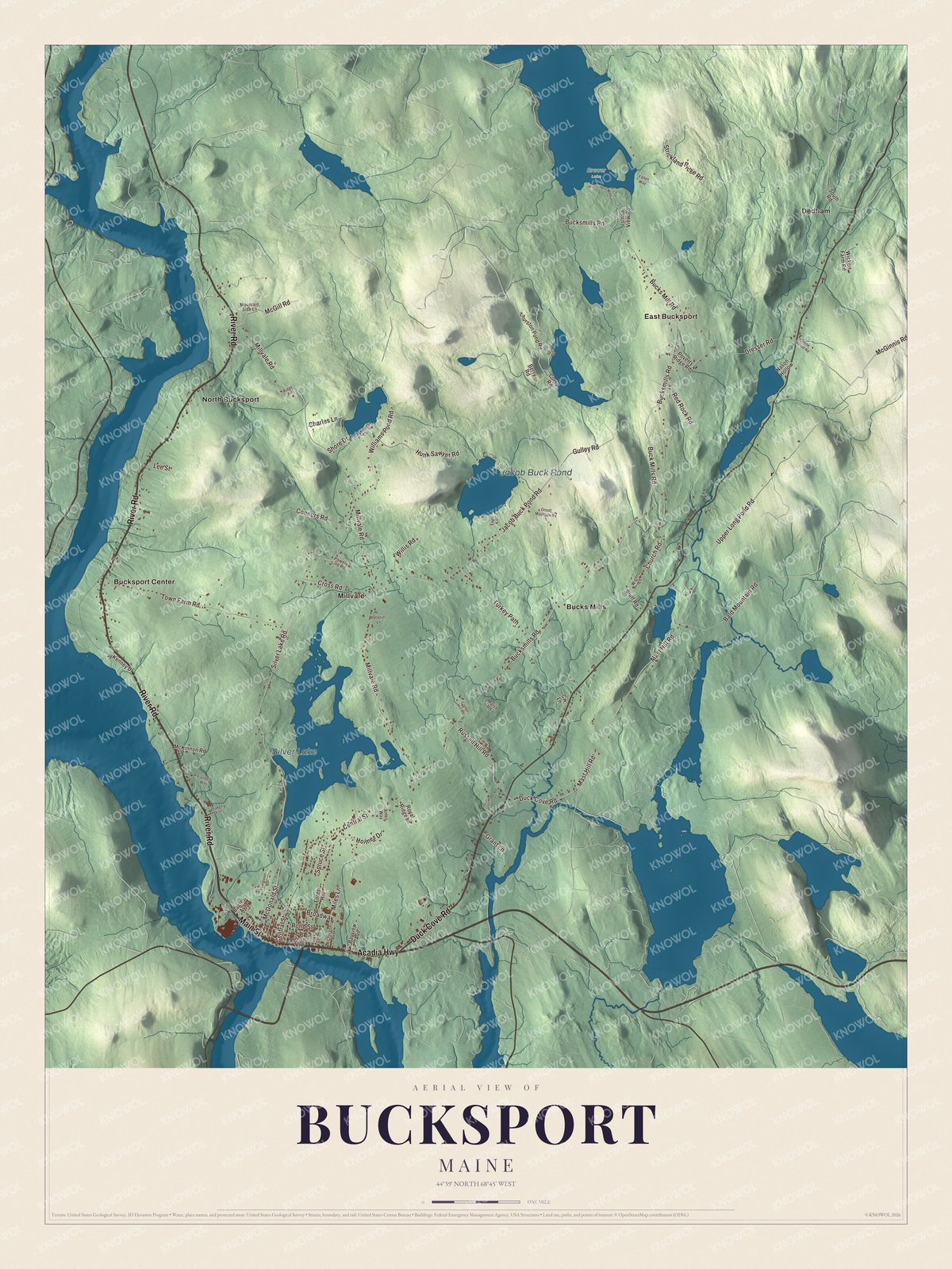 Map of Bucksport, Maine, with Main Street, Silver Lake and Bucksport Center